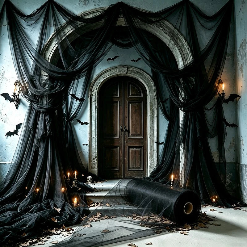 50M Overlength Large Black Sheer Tulle - Halloween Spooky Party Decor, Elegant Burgundy Door Curtain Yarn, Wall & Table Decor