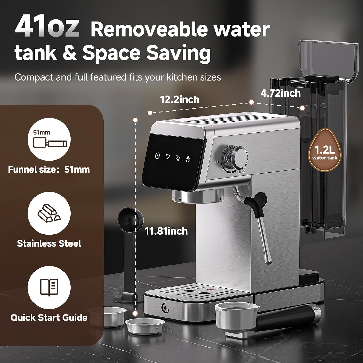 Coffee Machine 20 Bar, 1350W Espresso Machine, Compact Stainless Steel Coffee Machines with LED Touch Screen, Powerful Steam Wand, Removable Water Tank