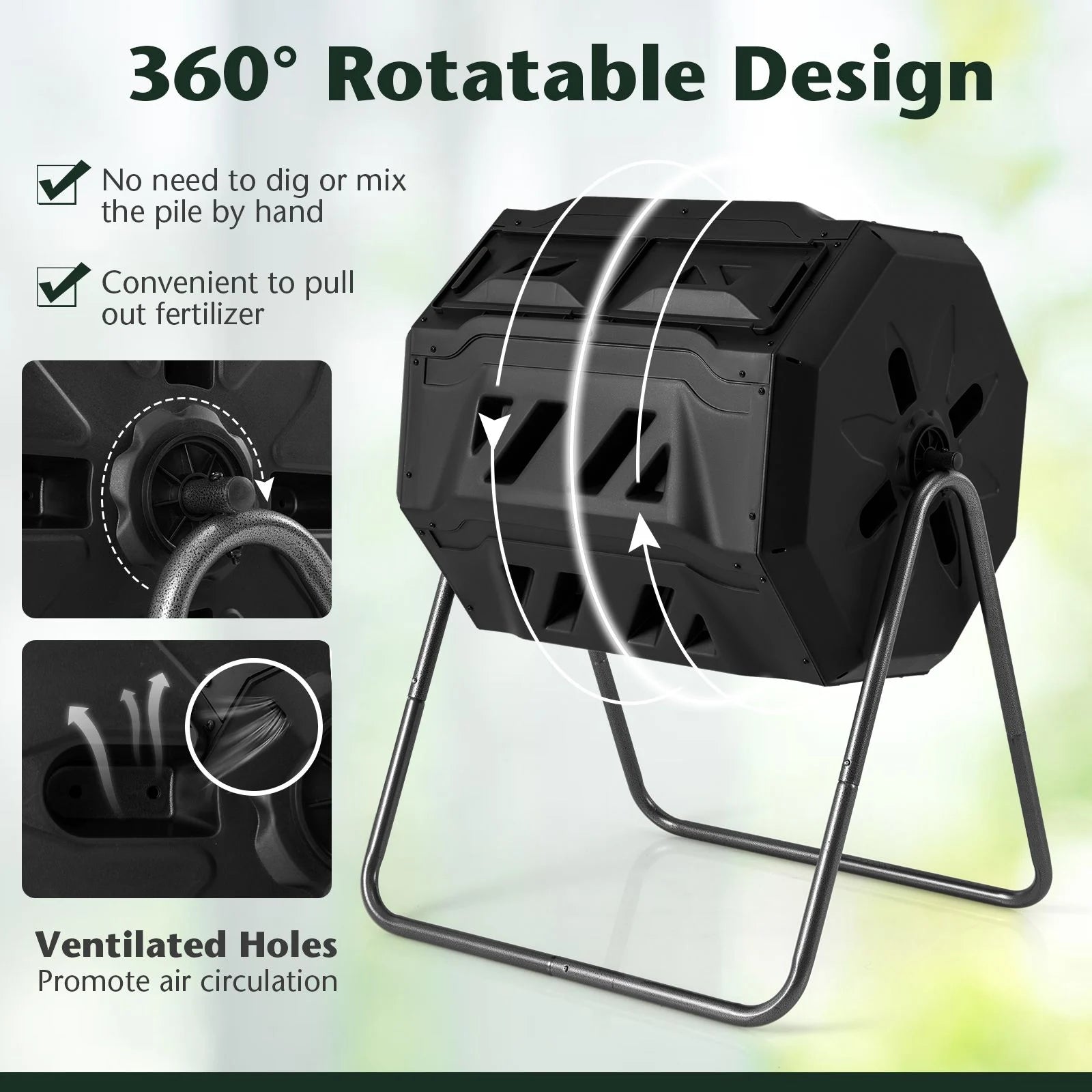 Compost Bin 160L Dual Chamber Composting Tumbler with Sliding Doors