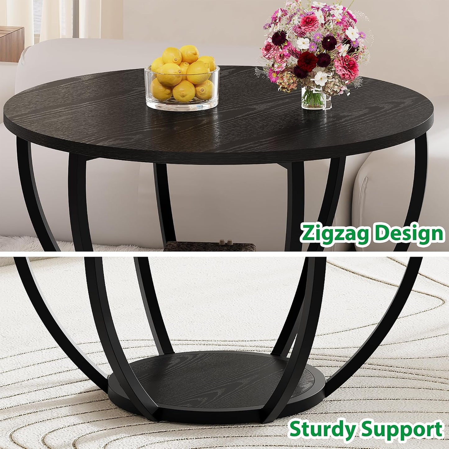round Coffee Table,Accent Center Table for Living Room,Black | Black Coffee Table,Wooden 2-Tier Circle Coffee Tables with Storage Shelves,Sofa Table for Home Office,Easy Assembly