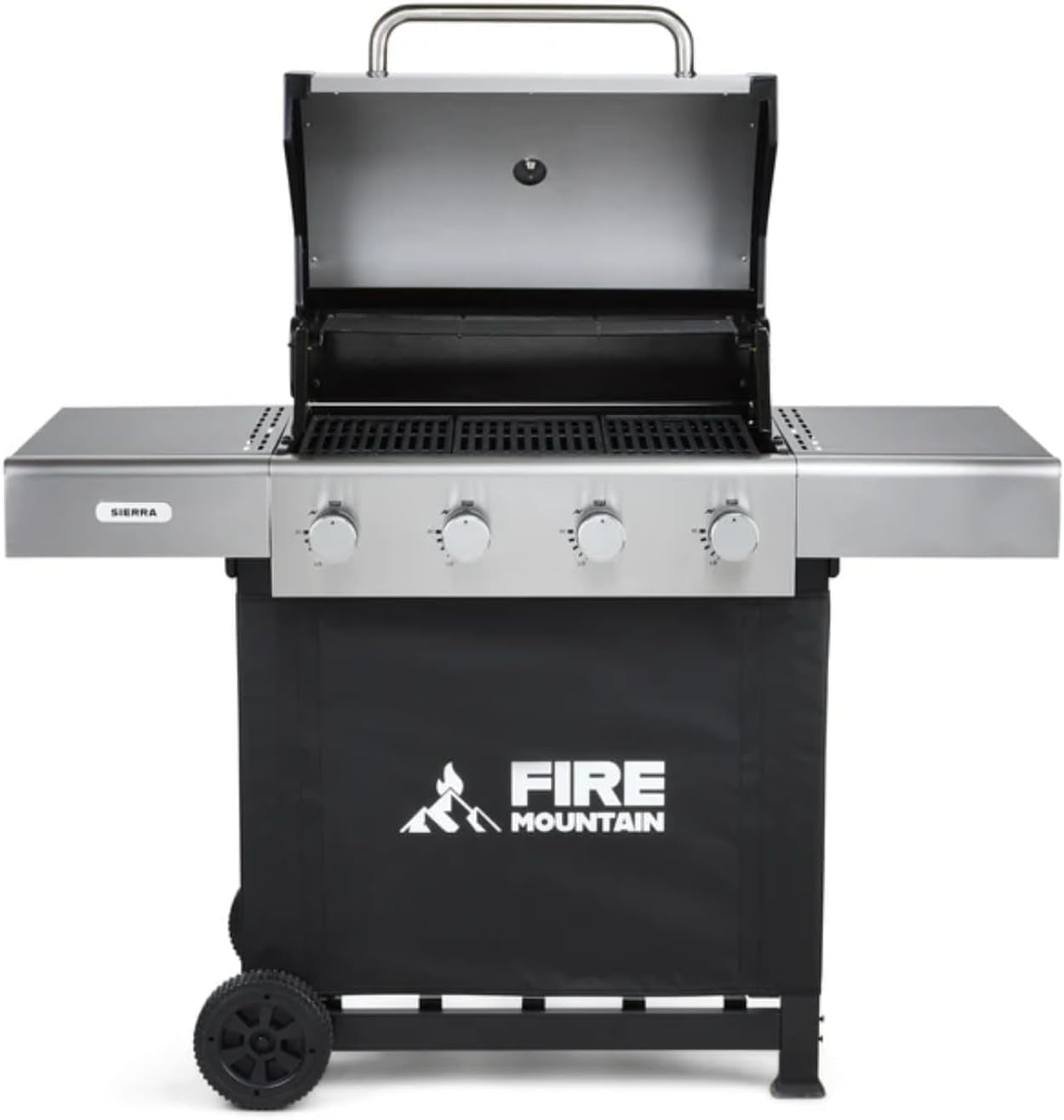 Sierra 4 Burner Gas BBQ Stainless Steel with Cast Iron Grill and Side Shelves Large Outdoor Barbecue for Garden Family Sized 60 X 42Cm Cooking Area