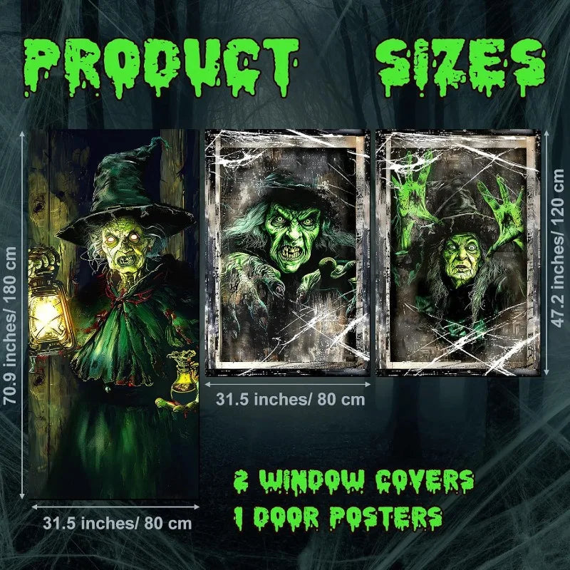 3PCS Halloween Window Door Cover Decor Set - Scary Fabric Clings, Halloween Curtain Window Banner Horror Ghosts Hanging Backdrop