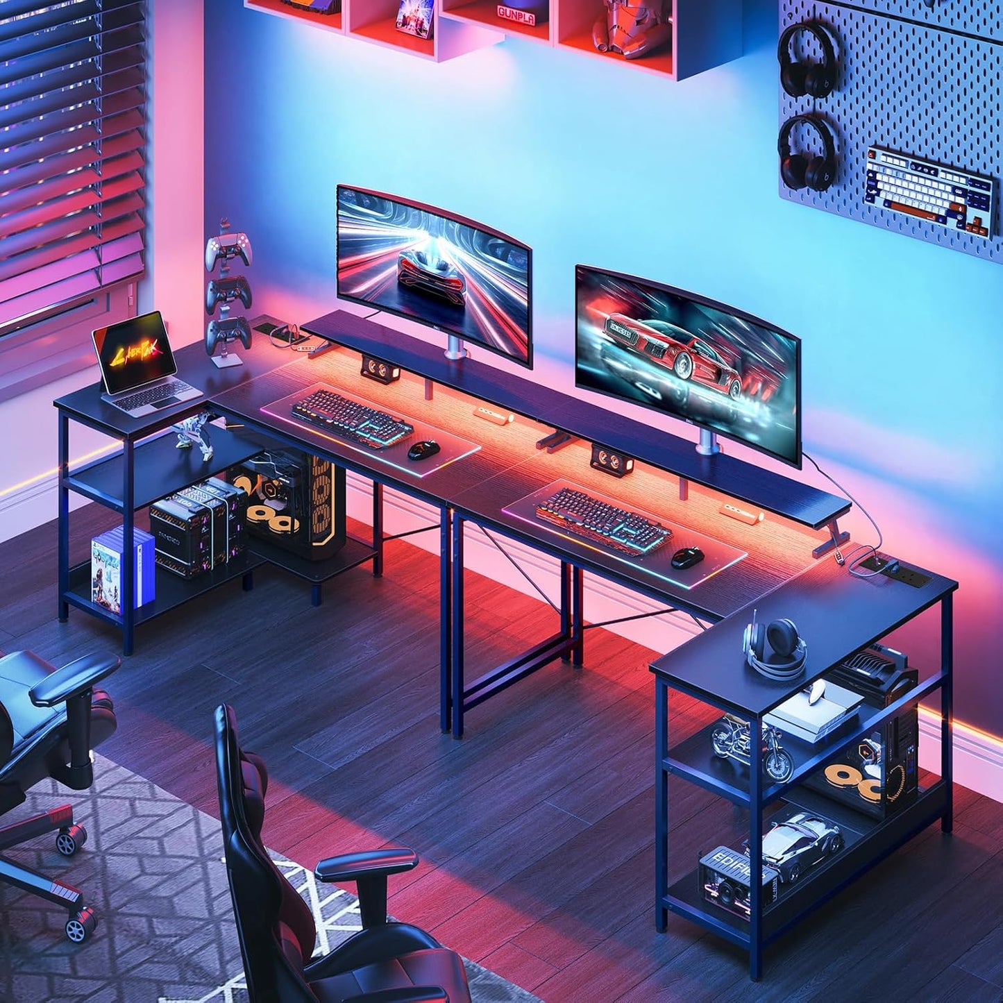 L Shaped Gaming Desk with LED Lights, 120 × 80 Cm Computer Desk with Power Outlet, Reversible Corner Gaming Table with Storage Shelves & Monitor Stand, Black