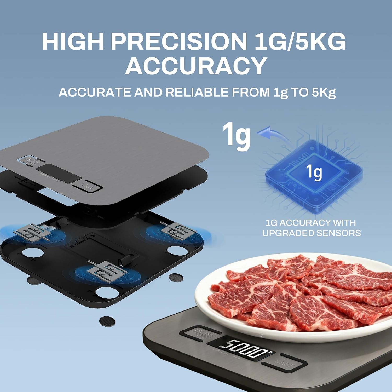 Digital Food Scales, 5Kg/1G High Precision Food Scale with 6 Units & Tare, LCD Display, Compact Kitchen Scales Digital for Cooking, Baking, Battery Powered with 2 AAA Included Weighing Scales Kitchen