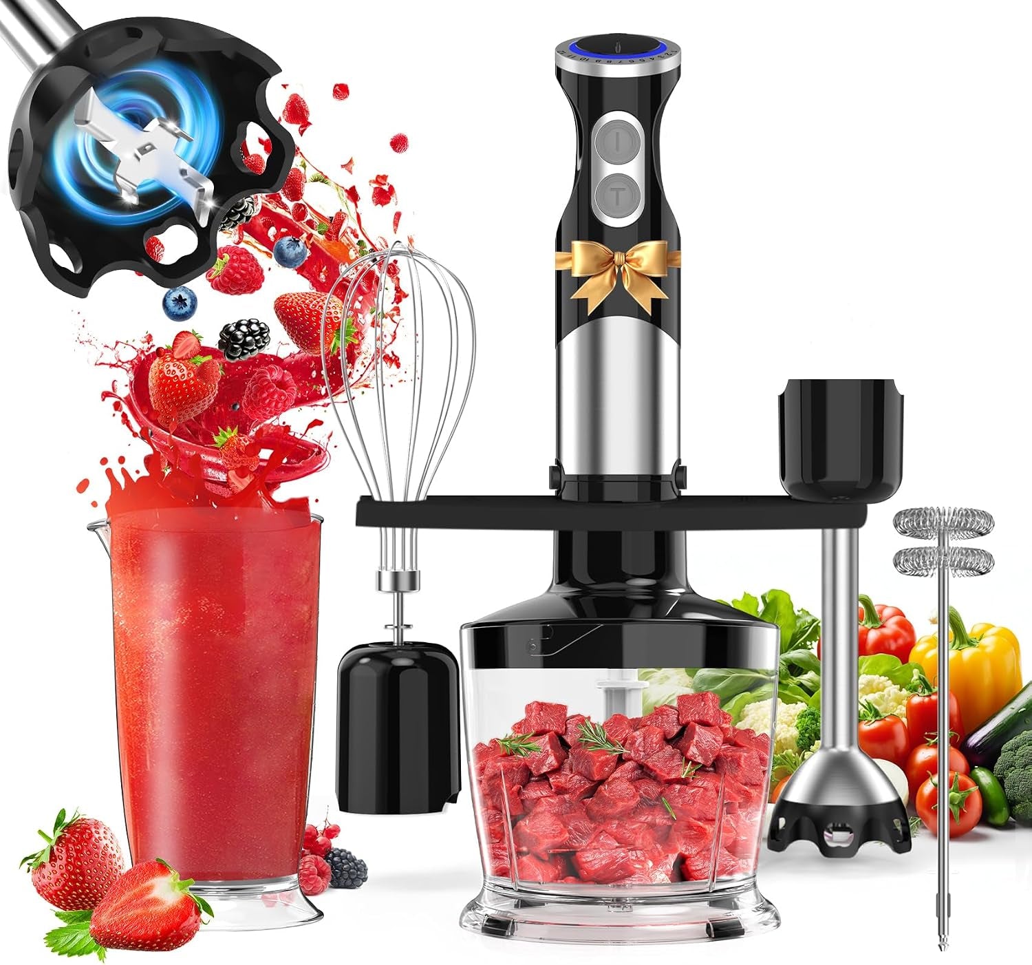 Electric Stick Hand Blender Handheld - 1100W 5-In-1 Immersion Stick Blenders for Kitchen Soup with 12 Speed, Turbo Boost, Chopper, Beaker, Whisk and Milk Frother for Milkshake Puree Smoothie Baby Food