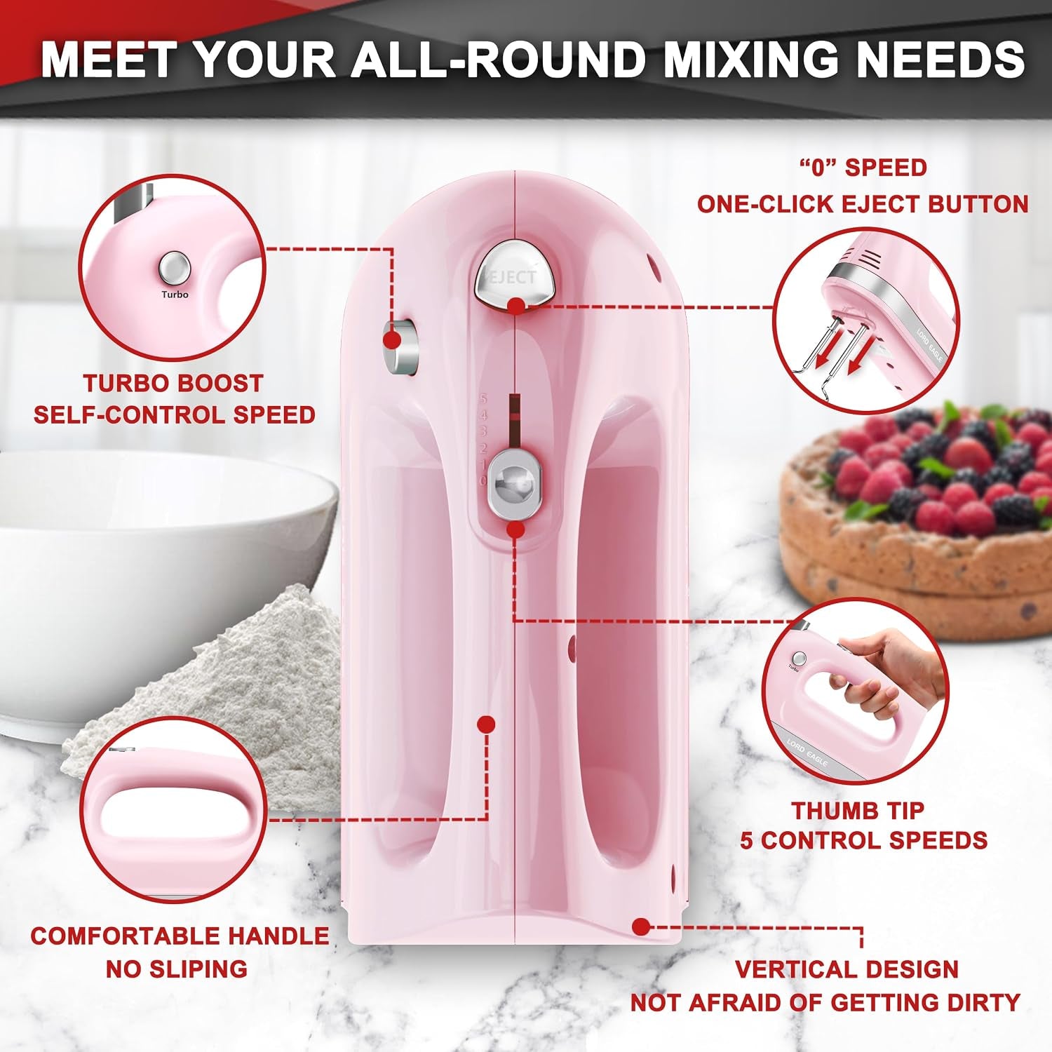 Hand Mixer Electric Whisk, 400W Power Handheld Mixer for Baking Cake Egg Cream Food Beater, Turbo Boost/Self-Control Speed + 5 Speed + Eject Button + 5 Accessories, Pink | Handheld Mixer for Egg Cream Food Beater, Turbo Boost/Self-Control Speed + Eject Button + 5 Accessories, Pink