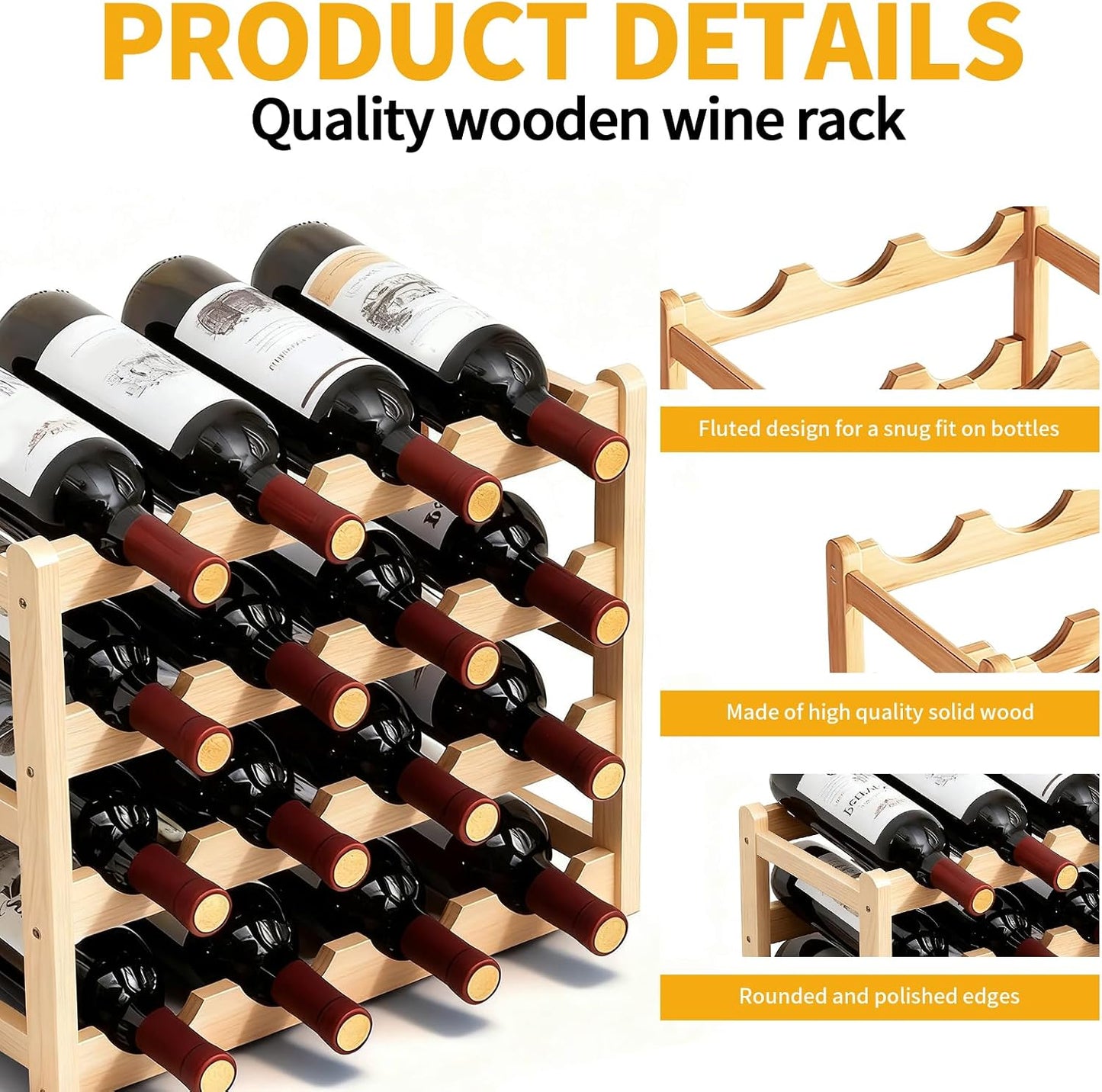 16 Bottles Wooden Wine Rack, 4 Tier Stackable Wine Storage Racks Free Standing Bottle Rack for Cupboard Home Kitchen Pantry Wine Cellar
