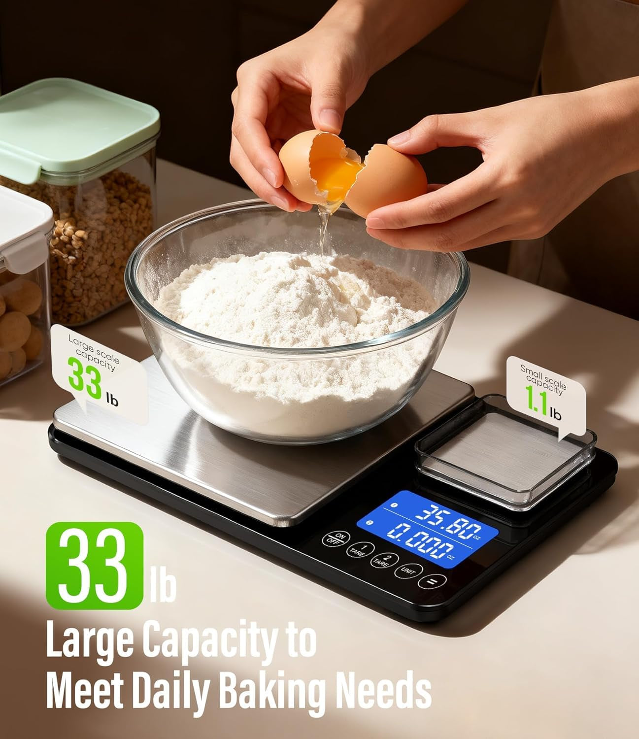 Dual Platform Kitchen Scales with High Precision: 15Kg/33Lb Capacity at 1G & 500G Capacity at 0.01G, Professional Food Scales for Baking Sourdough Bread and Cooking, 7 Units, Tare, Accumulation