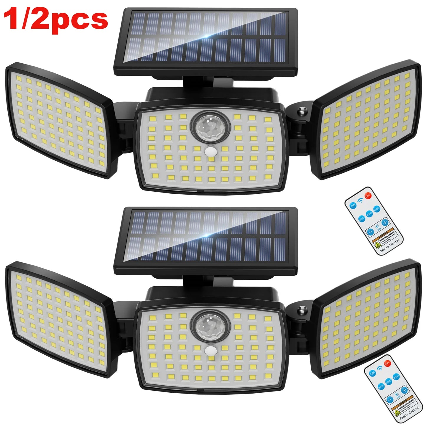 358 LED Solar Motion Sensor Security Lights 3 Heads Remote