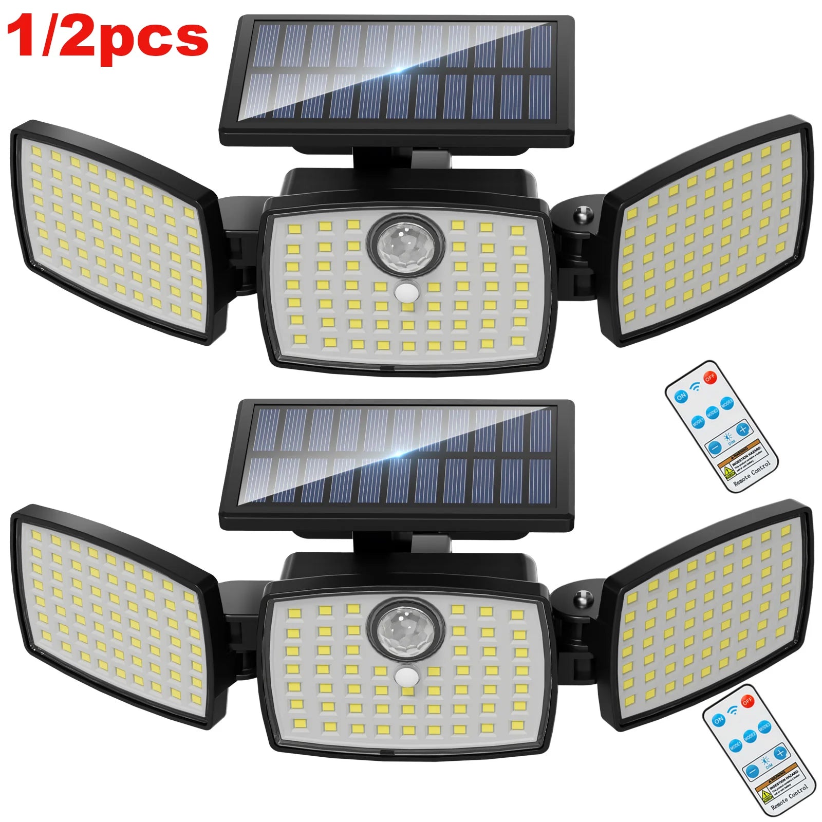 358 LED Solar Motion Sensor Security Lights 3 Heads Remote