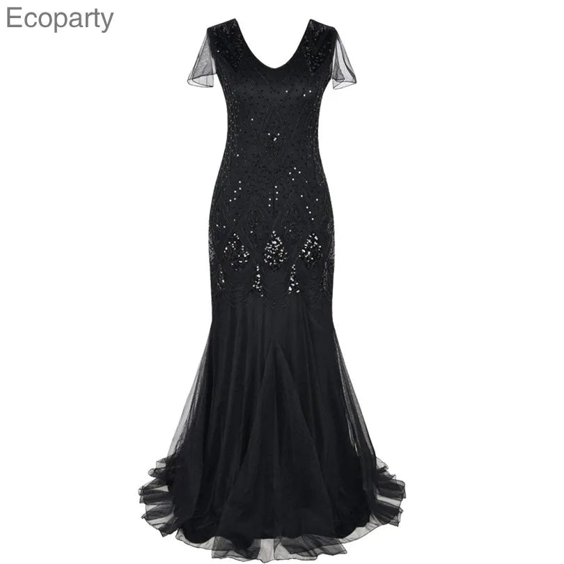 Women Sequins Glitter Gatsby Vintage Dress 1920S Retro Clubwear Elegant Ladies Halloween Party Cos Dresses Long Gowns Vestidos