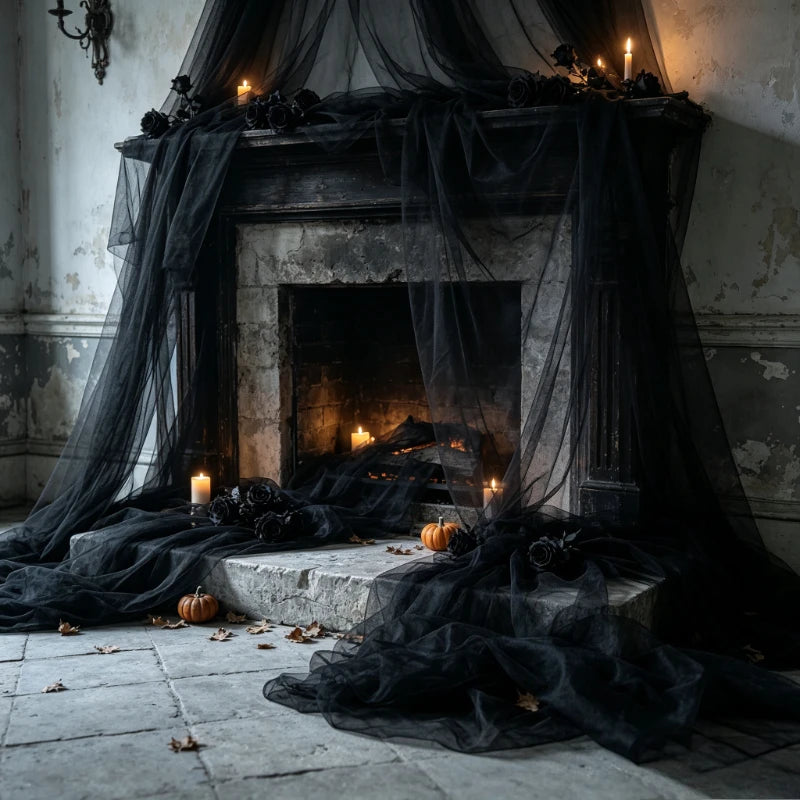 50M Overlength Large Black Sheer Tulle - Halloween Spooky Party Decor, Elegant Burgundy Door Curtain Yarn, Wall & Table Decor