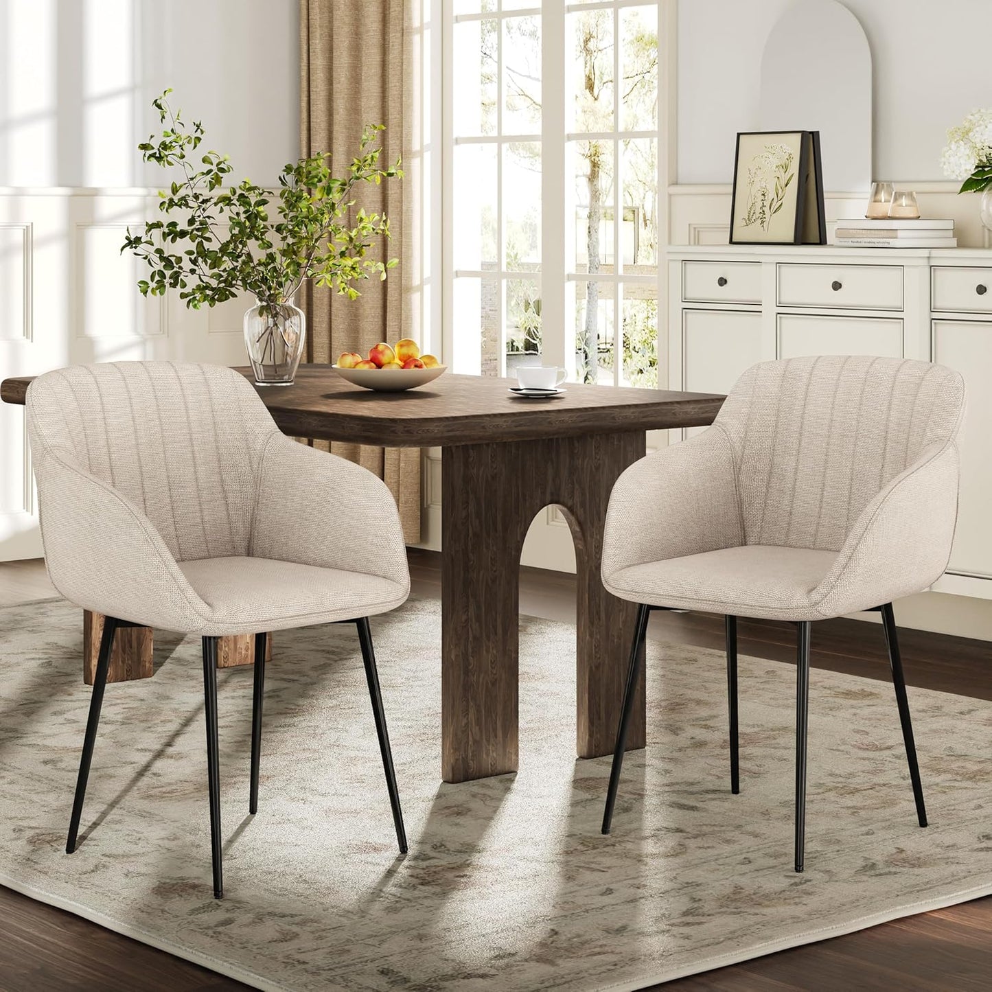 Dining Chairs Set of 2 Polyester Armchair for Living Room with Metal Legs Kitchen Chairs, Beige