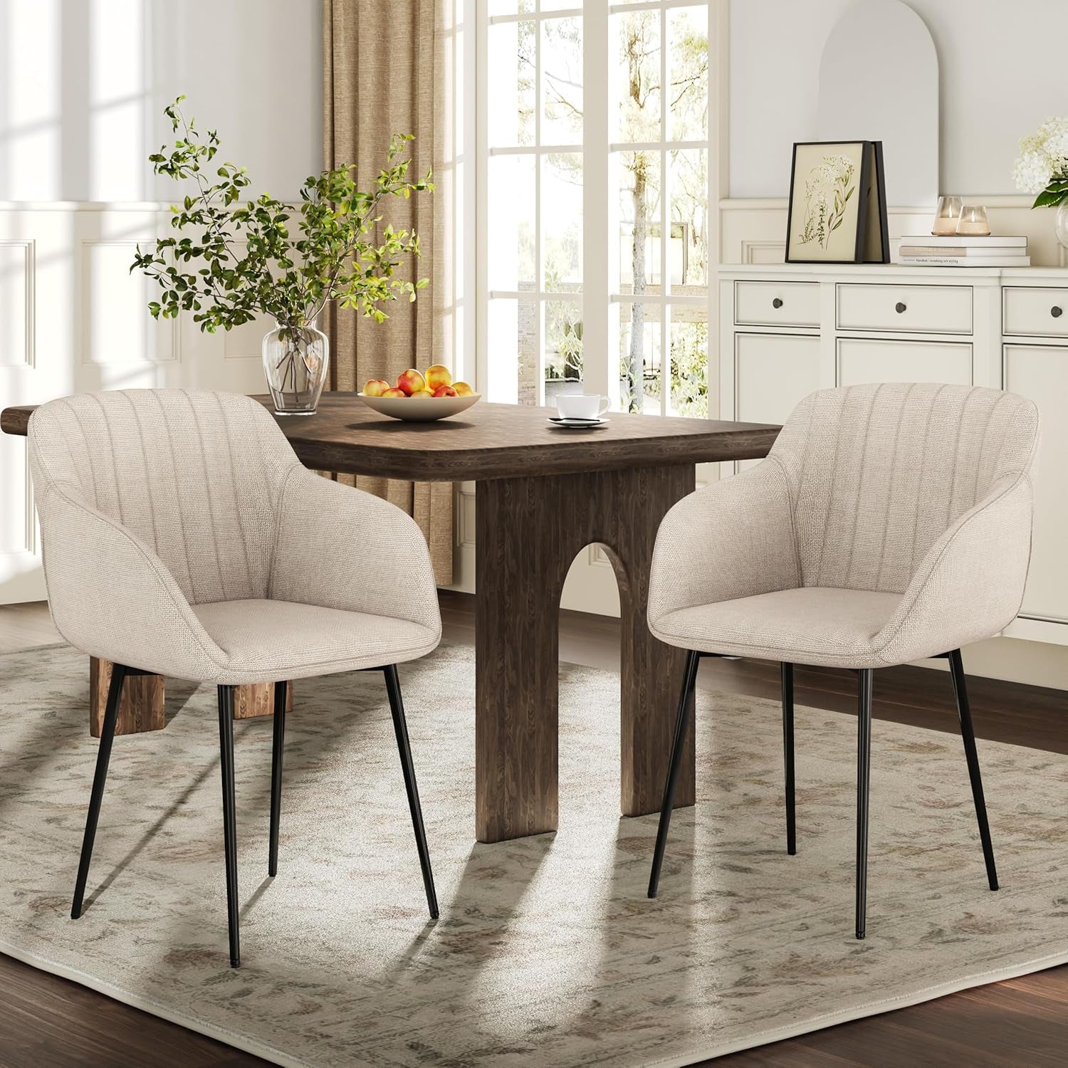 Dining Chairs Set of 2 Polyester Armchair for Living Room with Metal Legs Kitchen Chairs, Beige