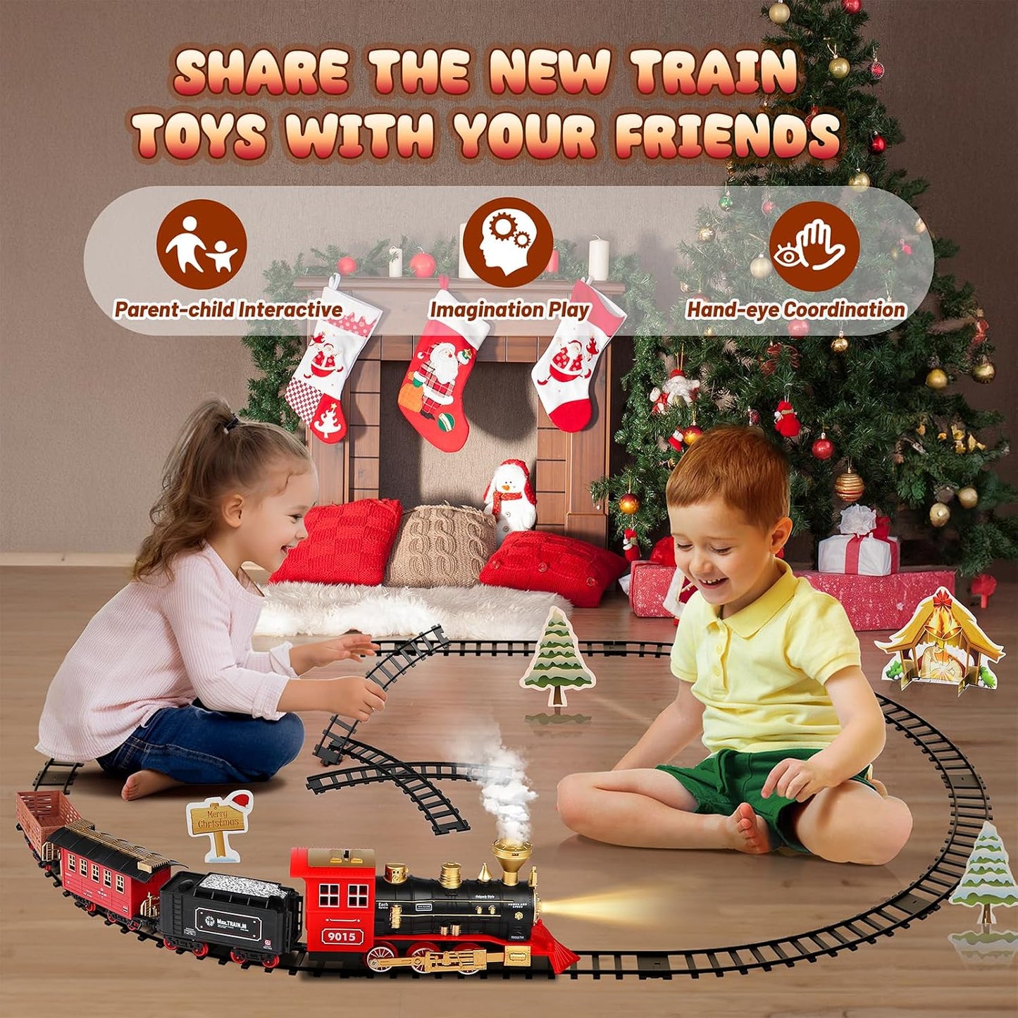 Christmas Electric Train Set for 3 4 5 6 Year Old Boys under Tree | Train Set for Kids Adults, Train for around the Christmas Tree, Steam Train Toy with Smoke