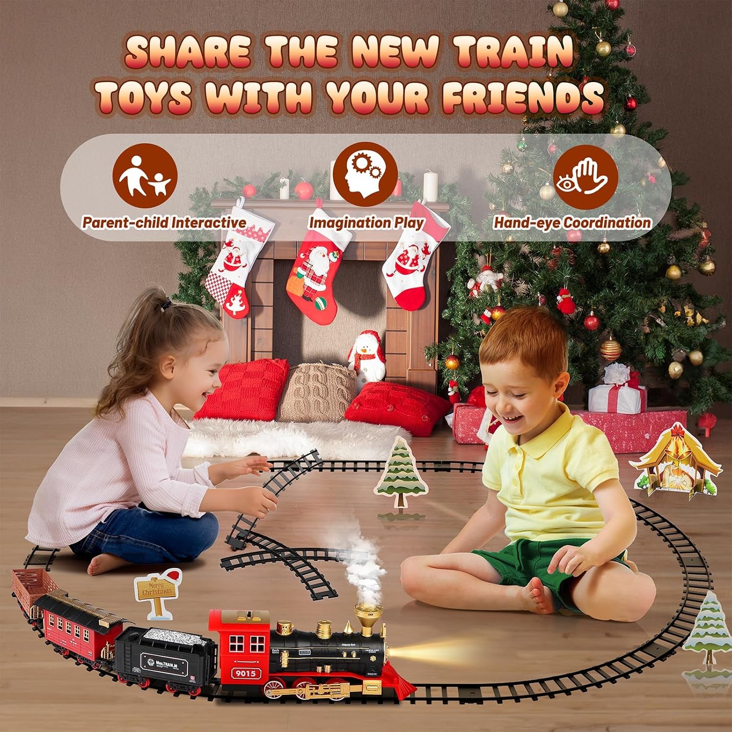 Christmas Electric Train Set for 3 4 5 6 Year Old Boys under Tree | Train Set for Kids Adults, Train for around the Christmas Tree, Steam Train Toy with Smoke