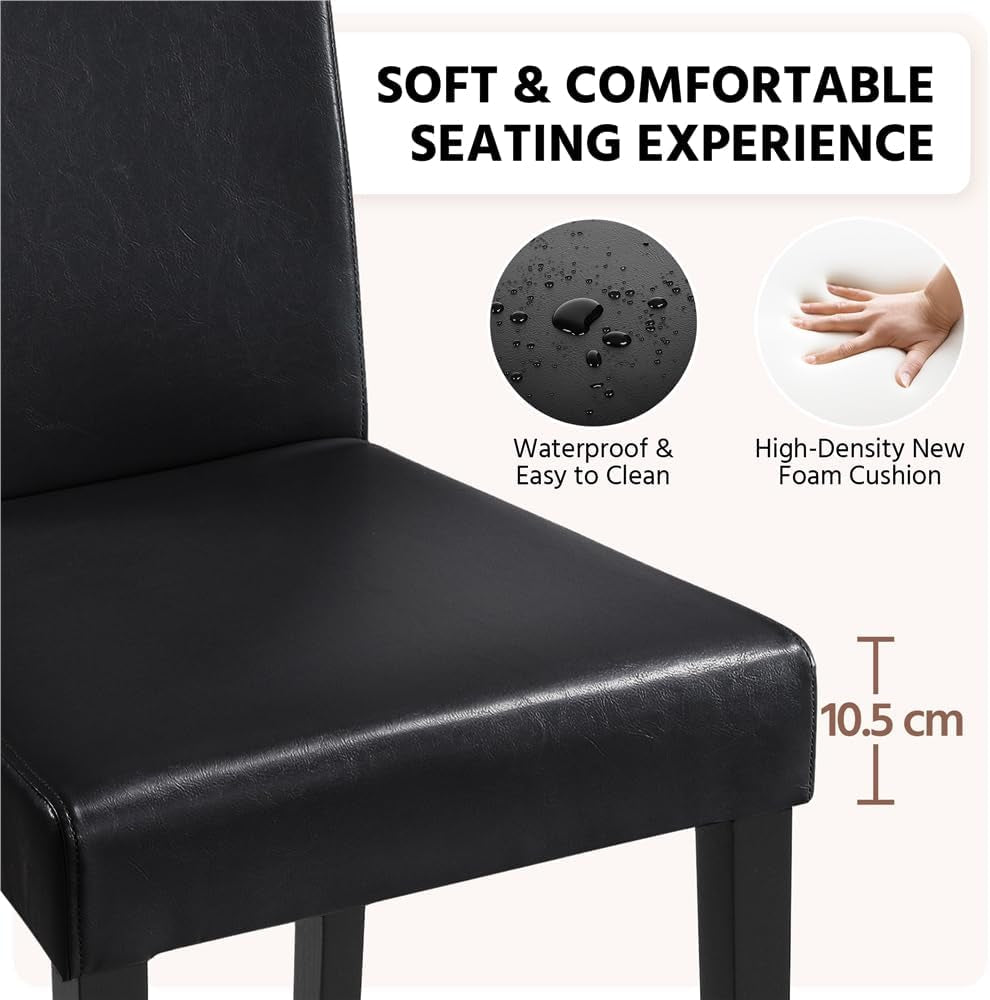 Faux Leather Dining Room Chair Set of 4 with High Back, Black | Upholstered Kitchen Chairs, 10.5Cm Thick Seat Cushion Armless Side Chairs with Solid Wood Legs for Dining Room, Living Room