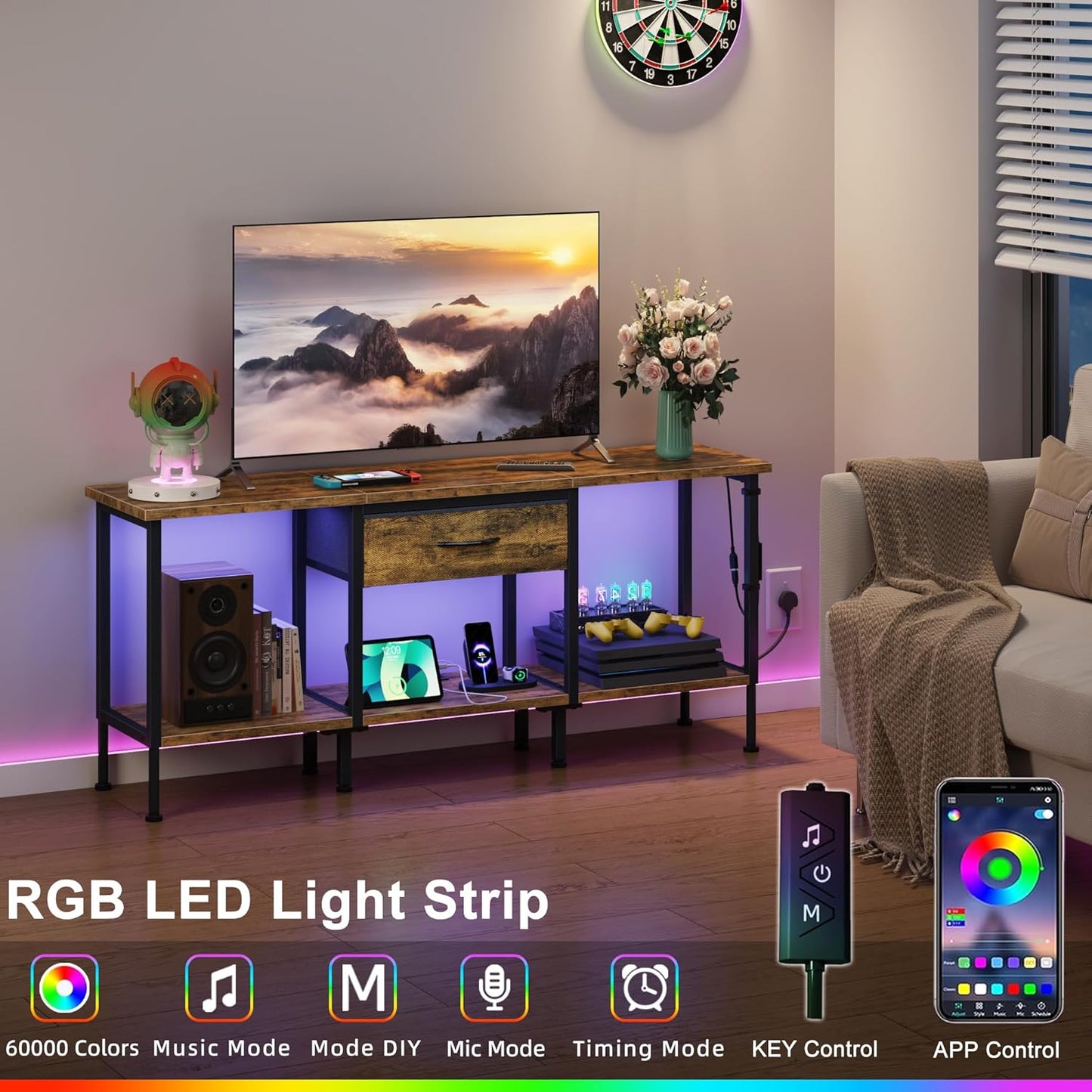 LED TV Stand Unit for 55 50 Inch TV with Socket and USB Slots, TV Cabinet with Fabric Drawer and Open Shelves, 120 Cm TV Stand, Entertainment Center for Living Room Bedroom, Rustic Brown
