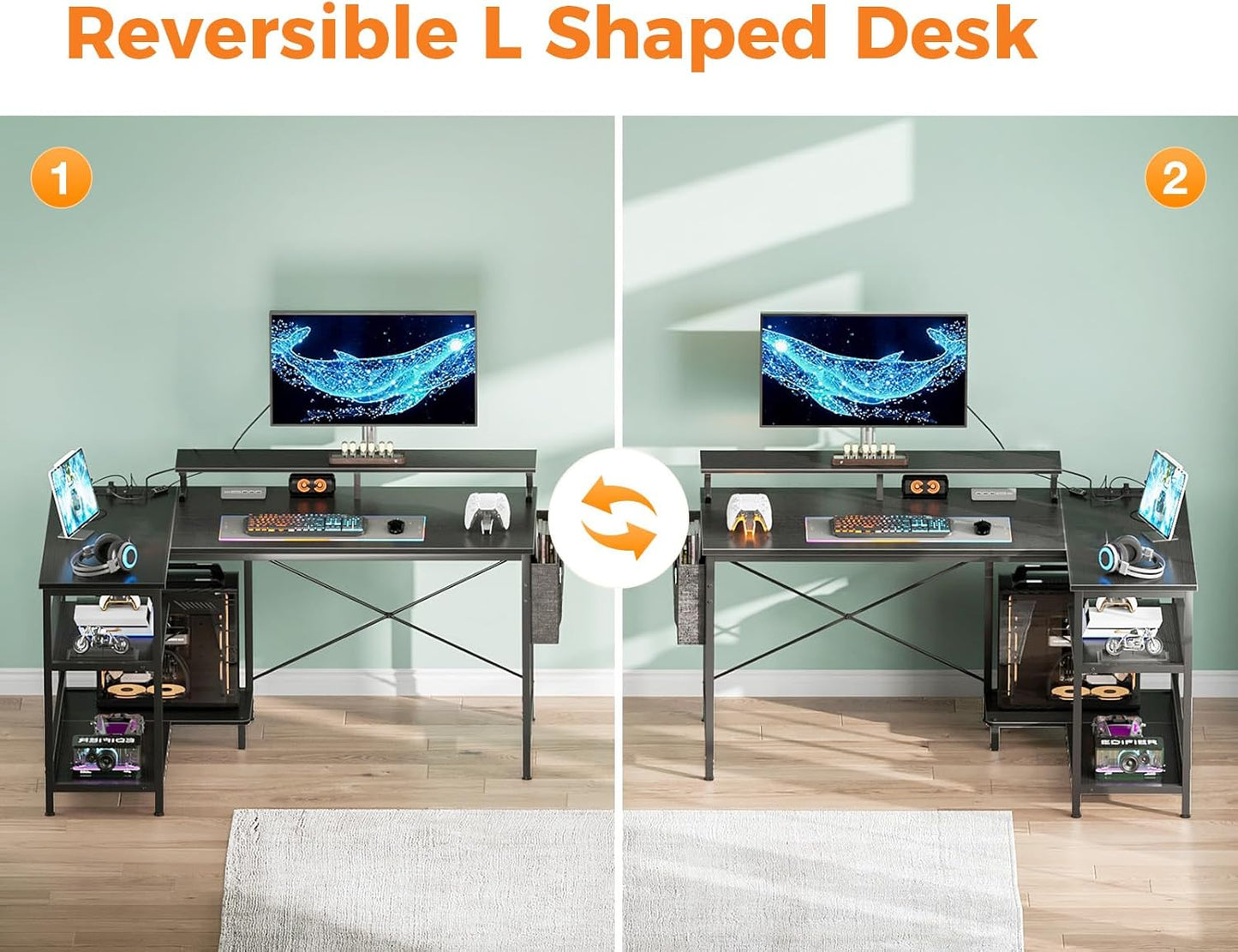 L Shaped Gaming Desk with LED Lights, 120 × 80 Cm Computer Desk with Power Outlet, Reversible Corner Gaming Table with Storage Shelves & Monitor Stand, Black