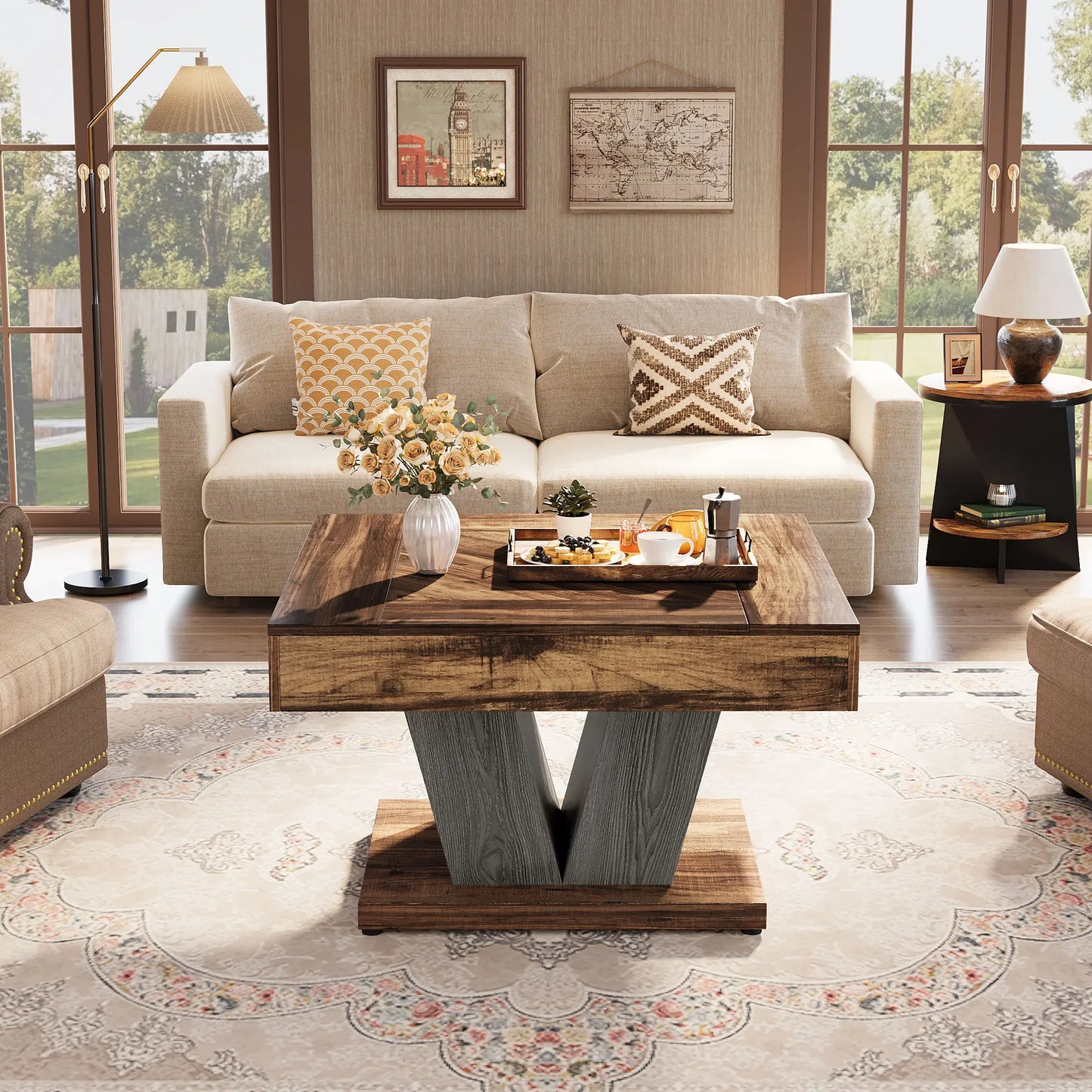80Cm Square Coffee Table in Rustic Brown & Black - Modern Wooden Centre Table for Living Room
