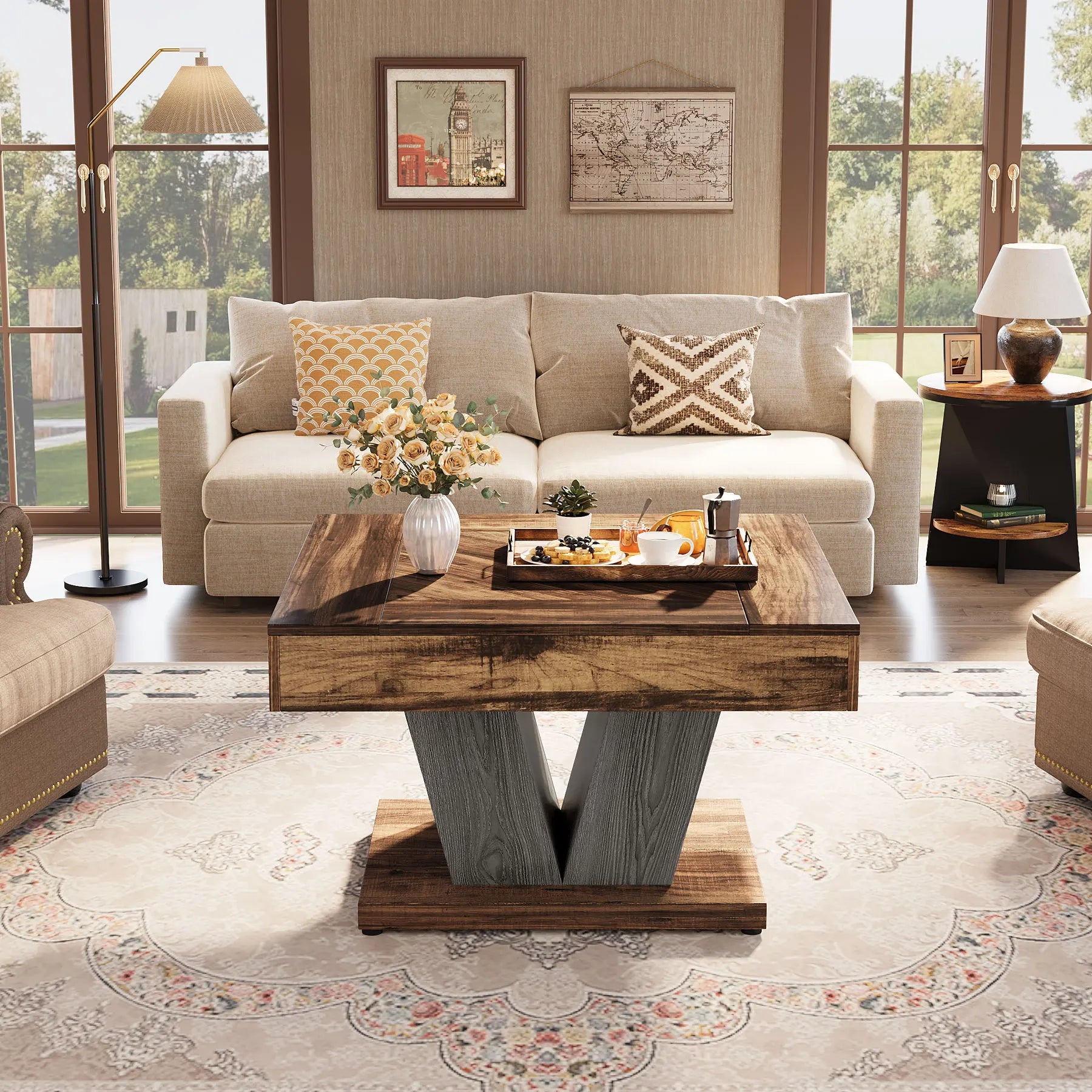 80Cm Square Coffee Table in Rustic Brown & Black - Modern Wooden Centre Table for Living Room