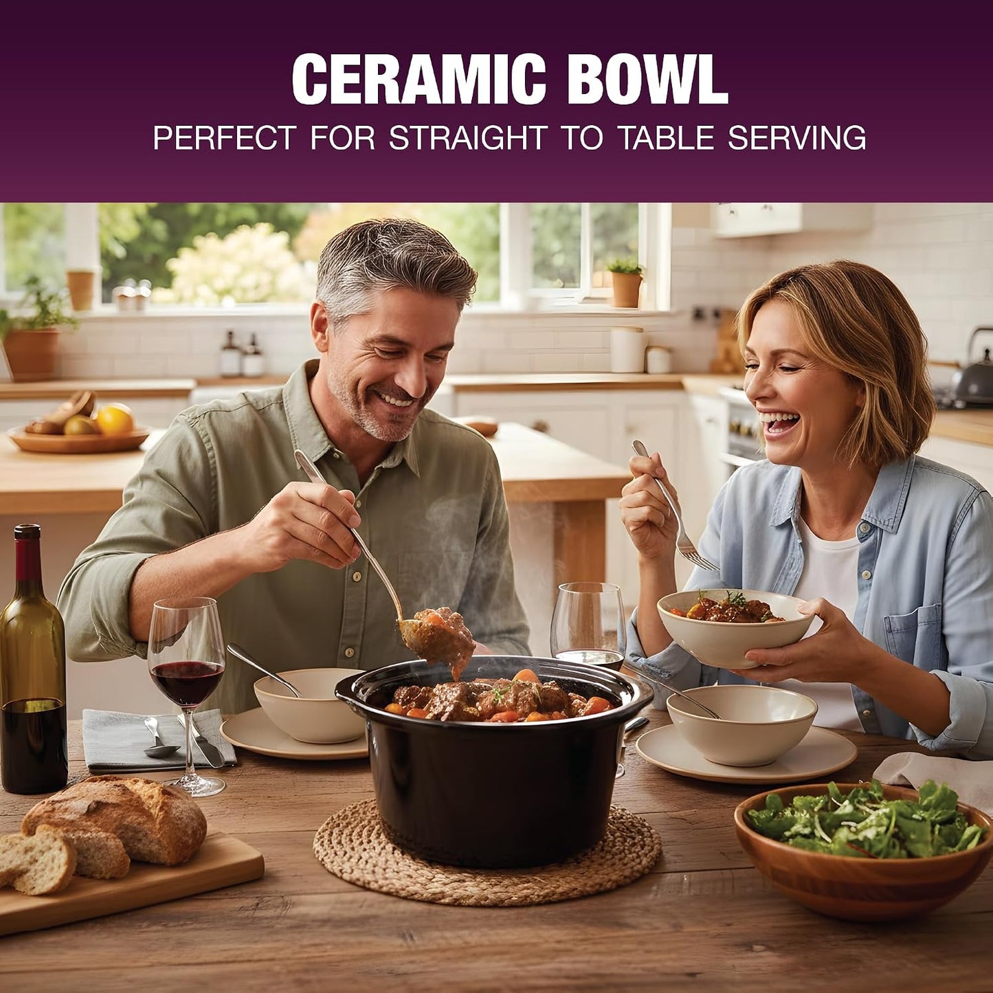 1.5L Slow Cooker - Roast-To-Rest – Compact Small Slow Cooker for 1–2 People with Oven-Proof Ceramic Pot, Easy-Clean Design, 3 Heat Settings & Glass Lid