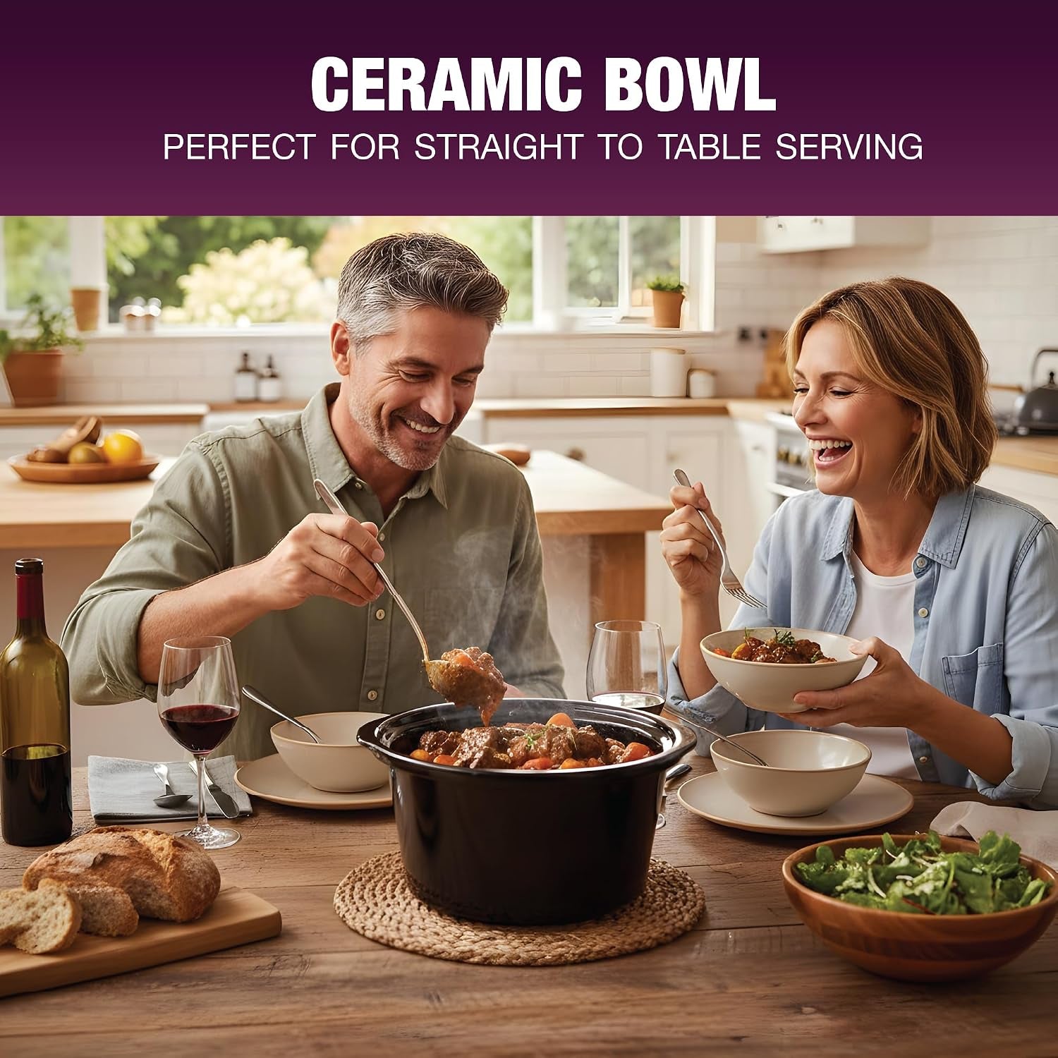 1.5L Slow Cooker - Roast-To-Rest – Compact Small Slow Cooker for 1–2 People with Oven-Proof Ceramic Pot, Easy-Clean Design, 3 Heat Settings & Glass Lid