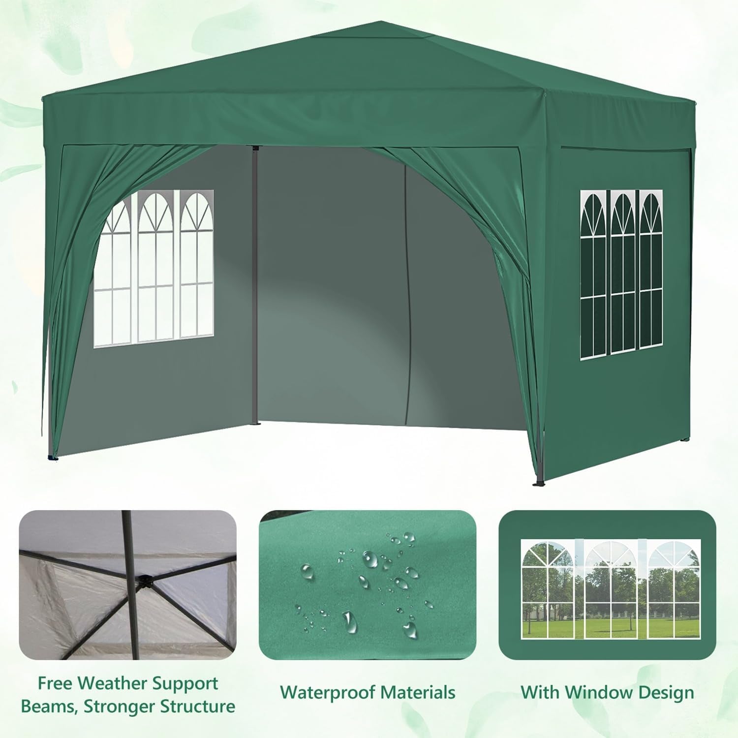 Pop up Gazebo with Sides, 3M X 3M Waterproof with 2 Free Weather Support Beams 4 Gazebo Weight Bags. Garden Canopy Outdoor, Party Tent, 260G Polyester Powder Coated Steel Frame. GREEN