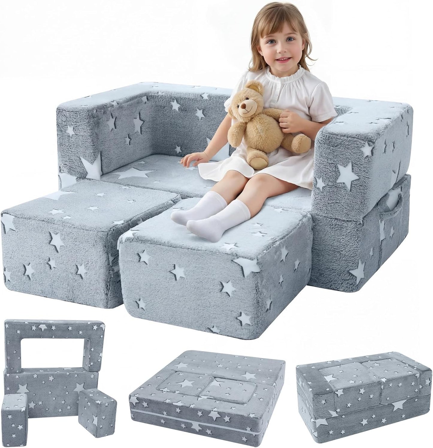 Kids Sofa Bed, Modular Toddler Couch, Glow in the Dark Stars Kids Chair Lounger Fold Out, Baby Mini Couch Bedroom Furniture for Playroom, Grey Star