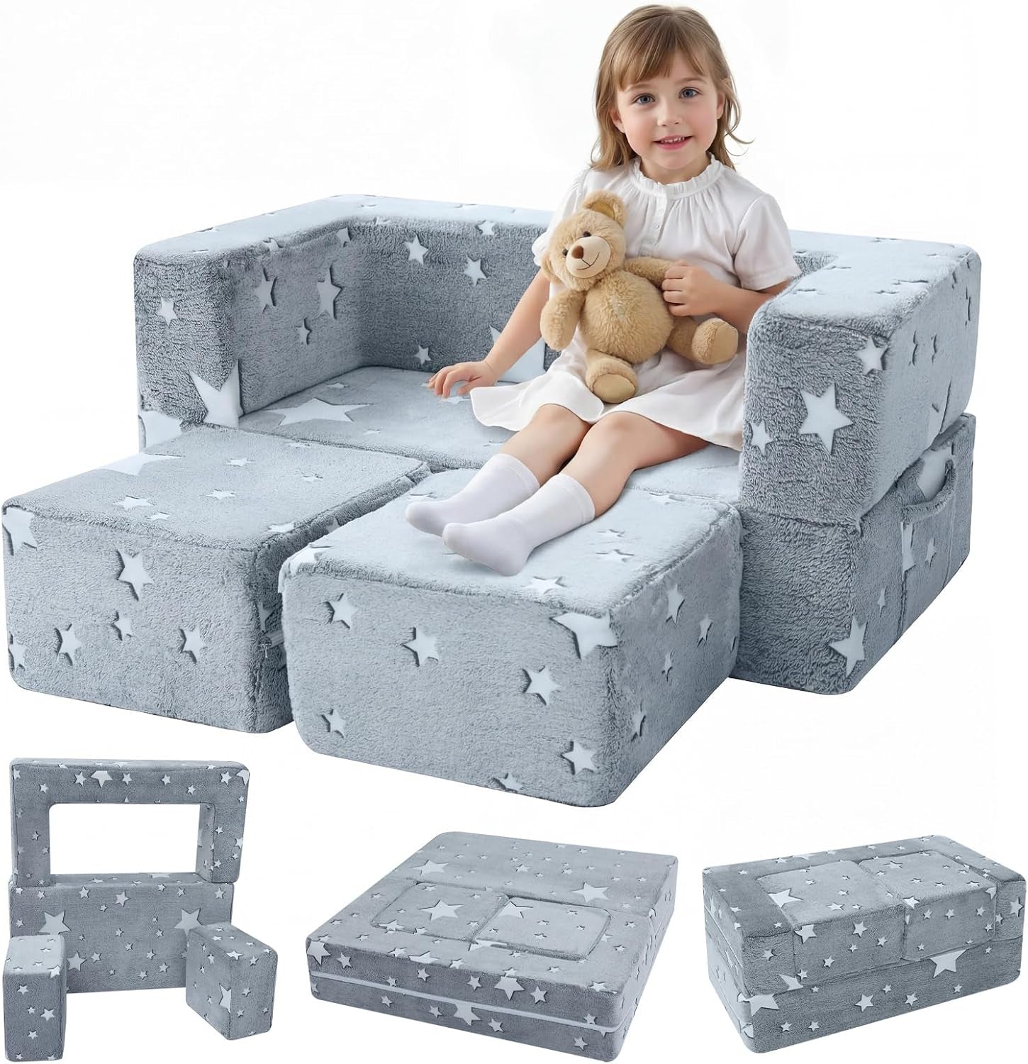 Kids Sofa Bed, Modular Toddler Couch, Glow in the Dark Stars Kids Chair Lounger Fold Out, Baby Mini Couch Bedroom Furniture for Playroom, Grey Star