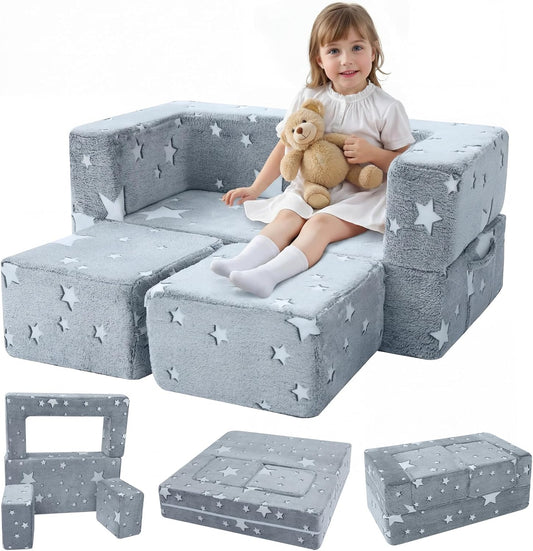 Kids Sofa Bed, Modular Toddler Couch, Glow in the Dark Stars Kids Chair Lounger Fold Out, Baby Mini Couch Bedroom Furniture for Playroom, Grey Star