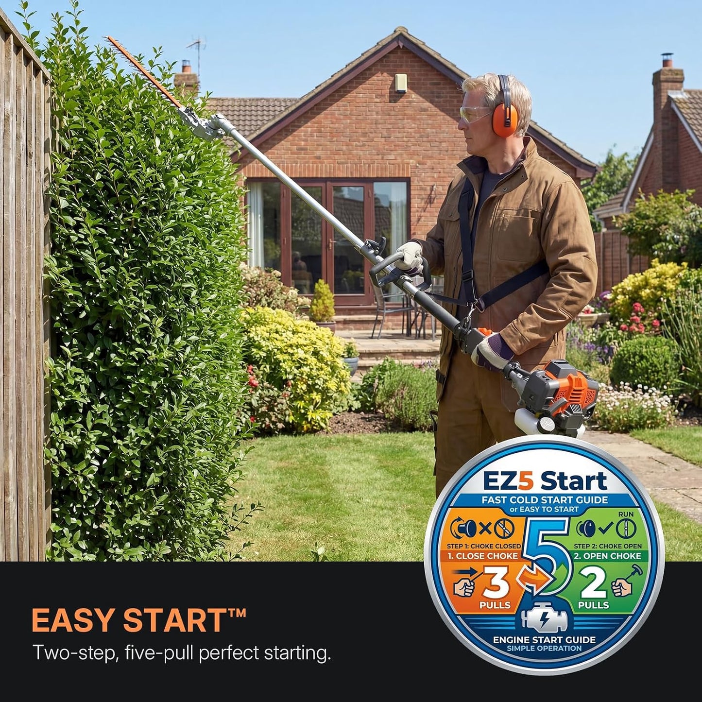 5-In-1 Petrol Garden Multi-Tool, 52Cc 2-Stroke Gas Grass Trimmer 18", Hedge Trimmer, Chainsaw & Extension Pole – Easy Start System, Quick Attachment Change, Adjustable Harness Included