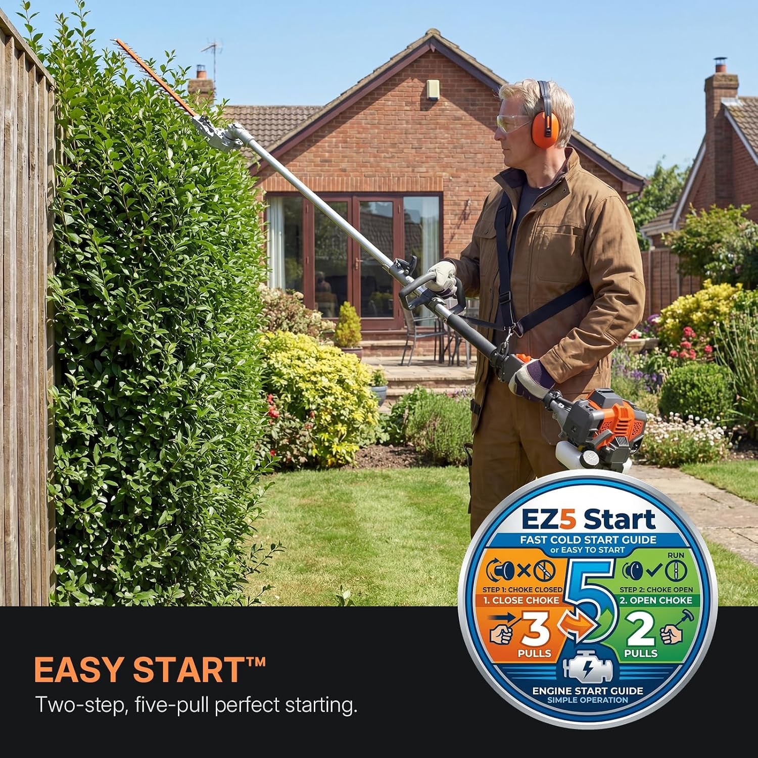5-In-1 Petrol Garden Multi-Tool, 52Cc 2-Stroke Gas Grass Trimmer 18", Hedge Trimmer, Chainsaw & Extension Pole – Easy Start System, Quick Attachment Change, Adjustable Harness Included