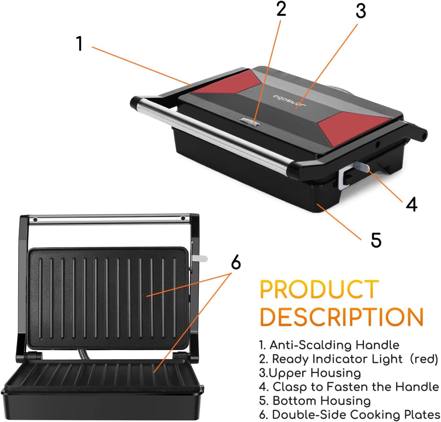 Sandwich Toaster Panini Press, 1000W Deep Fill Toastie Maker, Non-Stick-Coated Aluminium Plates, Indicator Light, Stainless Steel, Black-Larissa