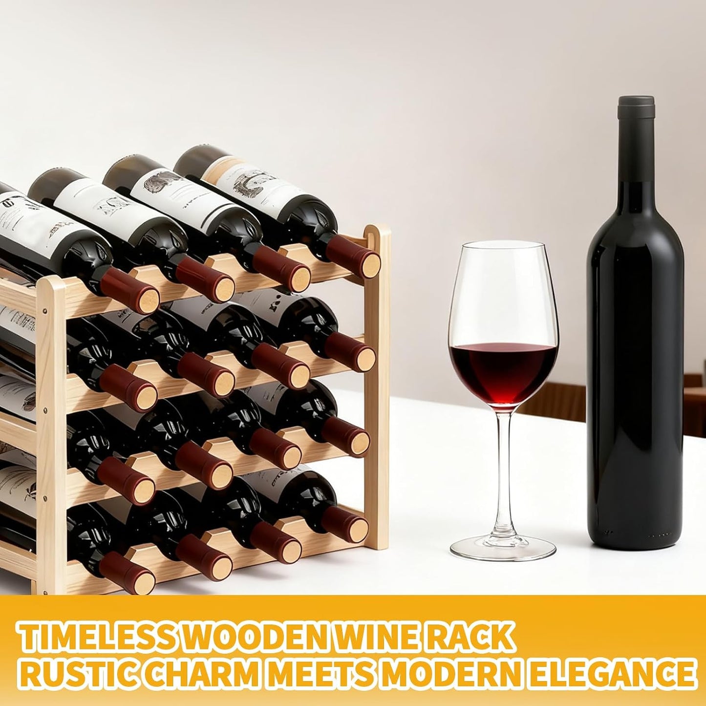 16 Bottles Wooden Wine Rack, 4 Tier Stackable Wine Storage Racks Free Standing Bottle Rack for Cupboard Home Kitchen Pantry Wine Cellar