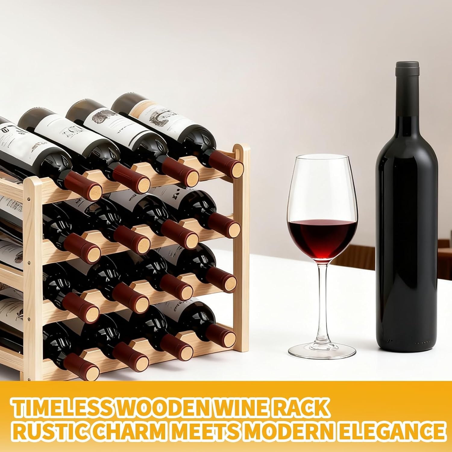 16 Bottles Wooden Wine Rack, 4 Tier Stackable Wine Storage Racks Free Standing Bottle Rack for Cupboard Home Kitchen Pantry Wine Cellar