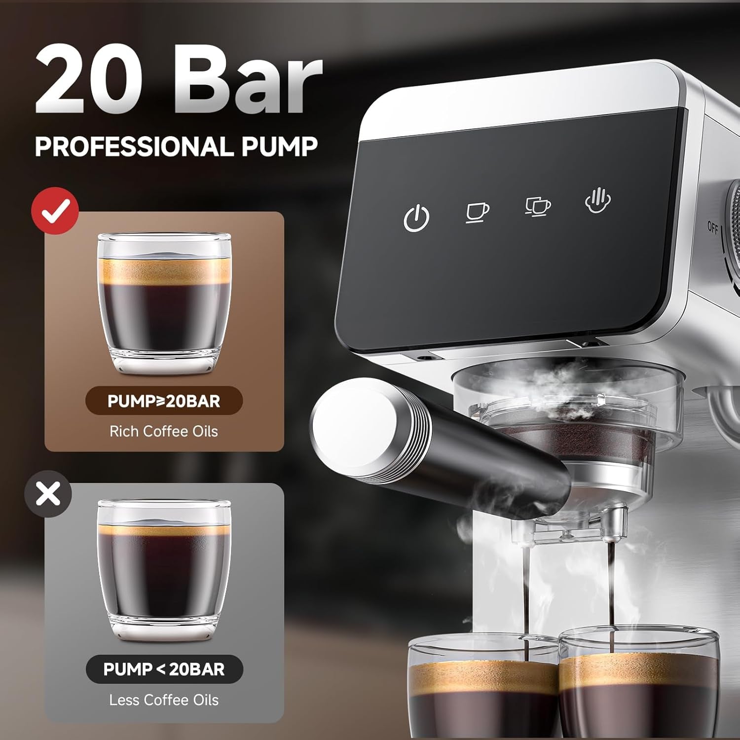 Coffee Machine 20 Bar, 1350W Espresso Machine, Compact Stainless Steel Coffee Machines with LED Touch Screen, Powerful Steam Wand, Removable Water Tank