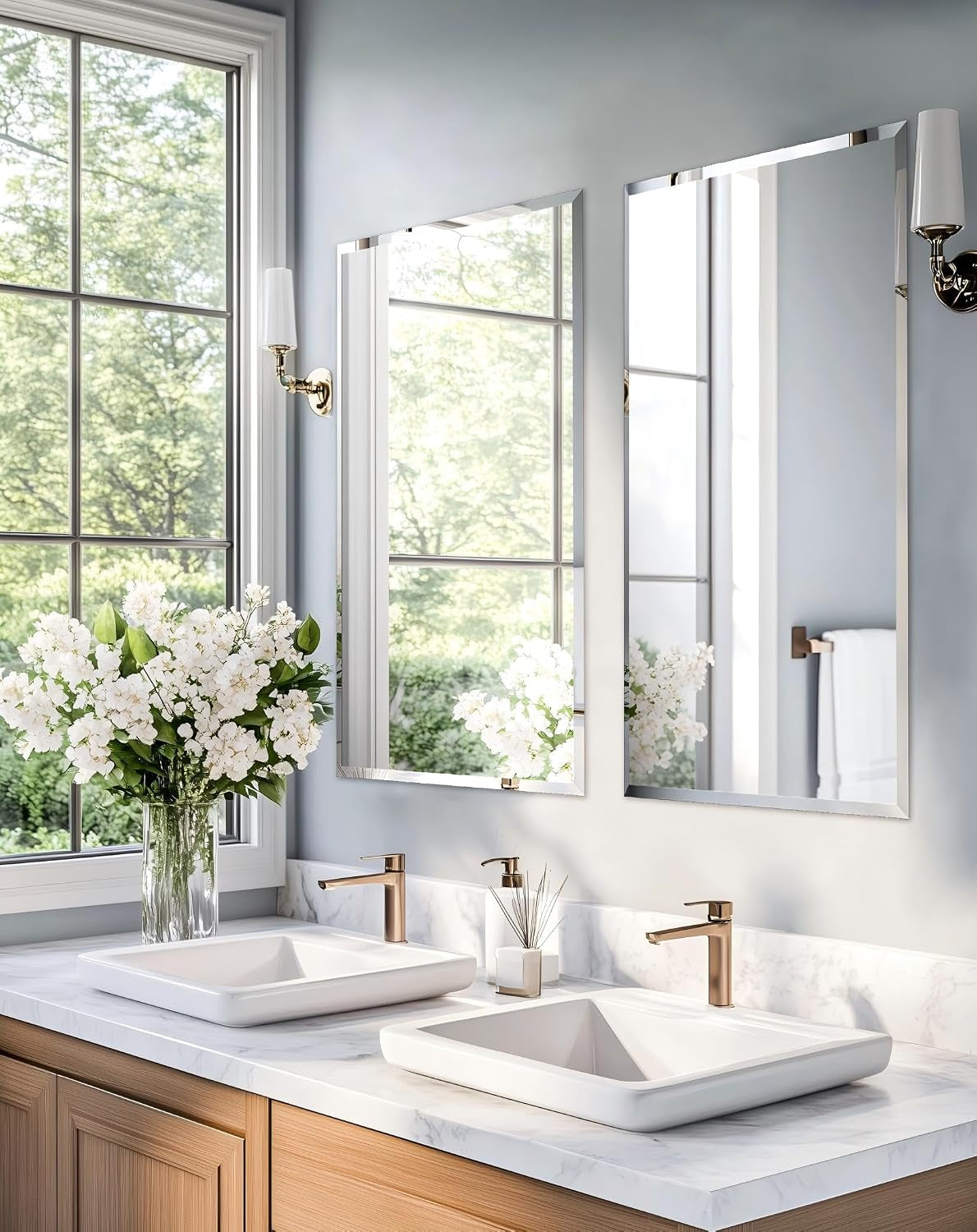 Medium Frameless Bathroom Wall Mirror 80 X 60Cm Plain Edge Silver | High Clarity Distortion Free Rectangle Wall Mirrors with 3 Hangers for over Sink Vanity, Hanging Vertically or Horizontally