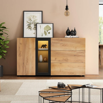 Chest of Drawers Bedroom with 3 Drawers, 1 Door, 1 Shelf Storage Cabinet, and 4 Open Compartments, Ample Storage Space, Functional Sideboards for Living Room, Black & Brown, 140X40X80Cm