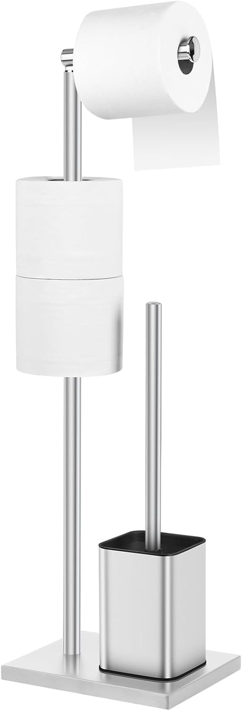 Toilet Roll Holder Free Standing with Toilet Brush - Stainless Steel Toilet Paper Holder Freestanding with Storage for Bathroom (Silver)