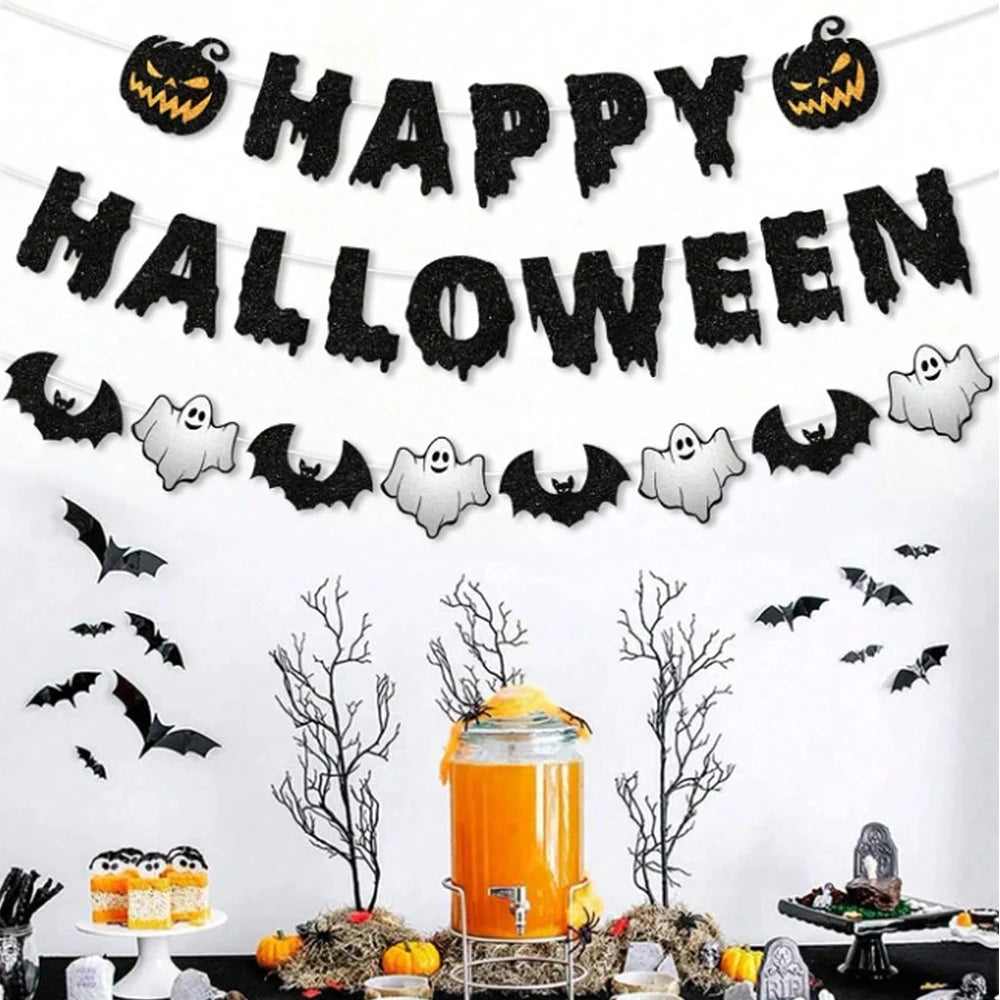 Happy Halloween Banner Garland Black Bat Ghost Pumpkin Bunting for Fireplace Wall Home Party Mantel Decor Supplies