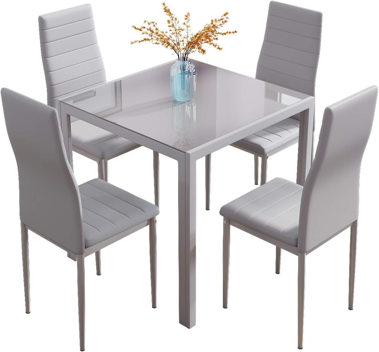 Glass Table and Chairs Set 4, 75Cm Square Table with 4 Faux Leather High Back Chairs Modern Dining Room Sets for Home Kitchen Office, Grey