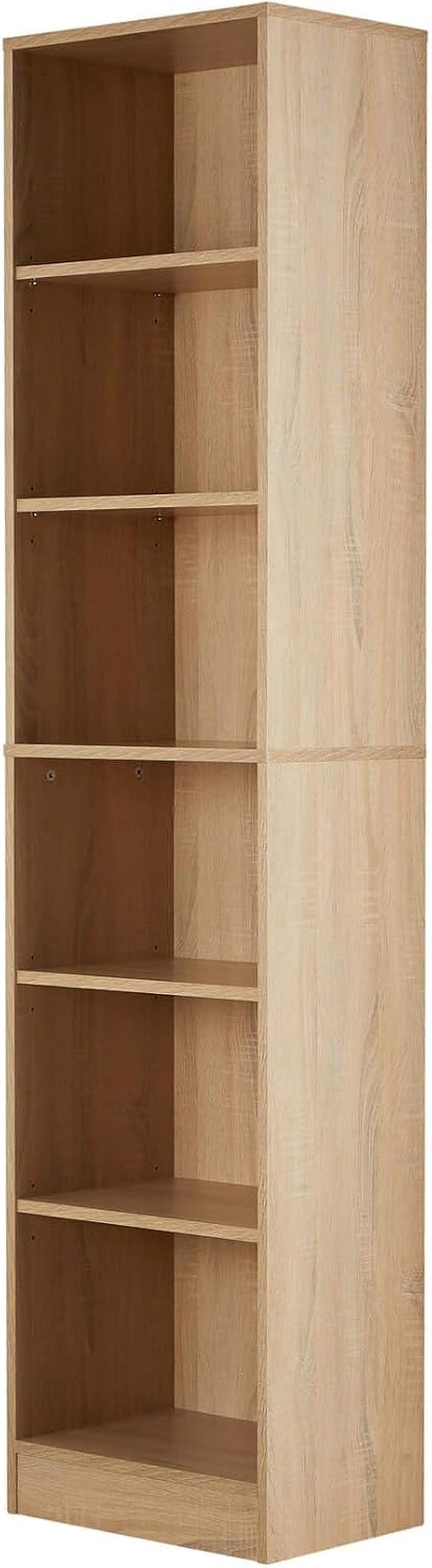 Tall Bookcase, Narrow Open Adjustable Shelves, Display Storage Cabinet, 6 Tier, Oak Effect