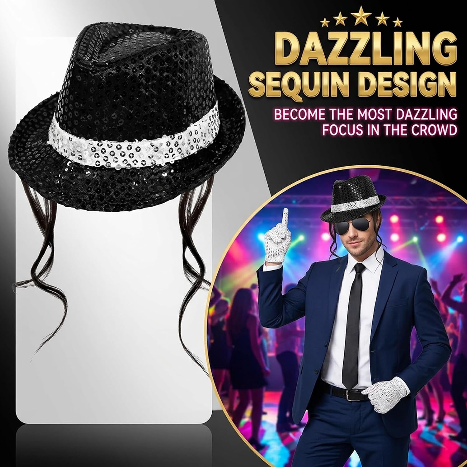 MJ Costume, 80S Fancy Dress Men, 7Pcs Disco Clothing Set Halloween Costumes, with Hat, Glasses, Tie, Microphone, Headset, Suspenders and Gloves