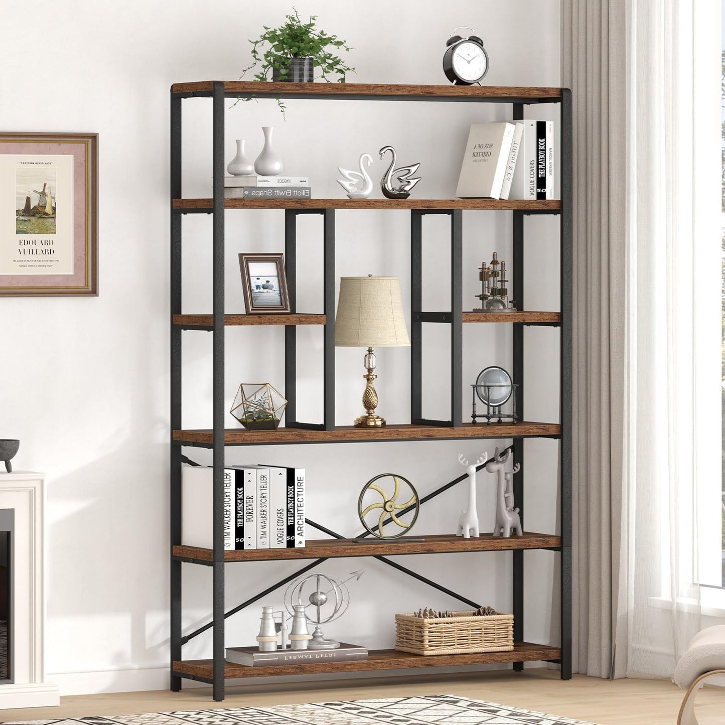 Rustic Bookcase and Bookshelf, Metal Wood 6 Tier Book Shelf, Industrial Vertical Display Etagere Book Case 6 Shelf, Vintage Large Book Shelves for Bedroom Living Room, Brown, 180 CM
