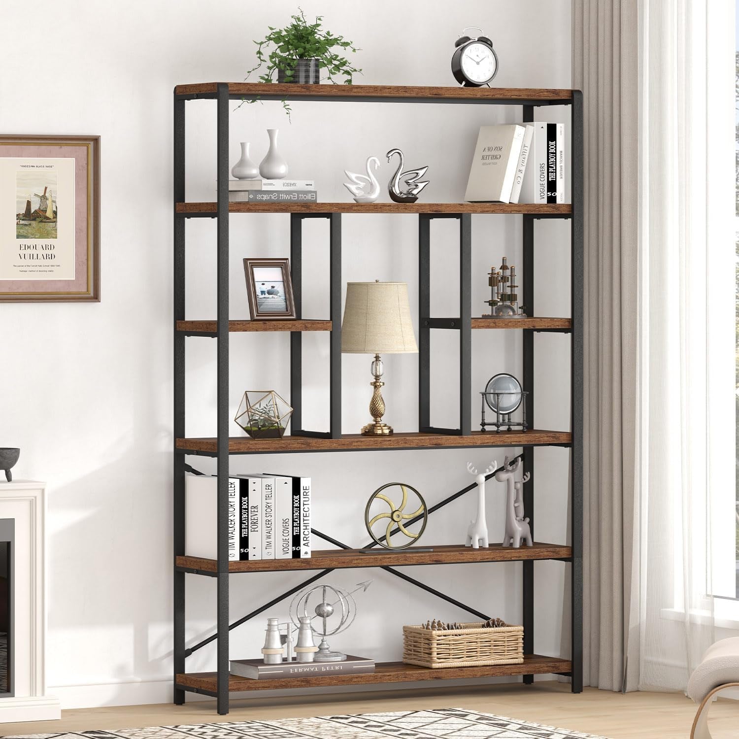 Rustic Bookcase and Bookshelf, Metal Wood 6 Tier Book Shelf, Industrial Vertical Display Etagere Book Case 6 Shelf, Vintage Large Book Shelves for Bedroom Living Room, Brown, 180 CM