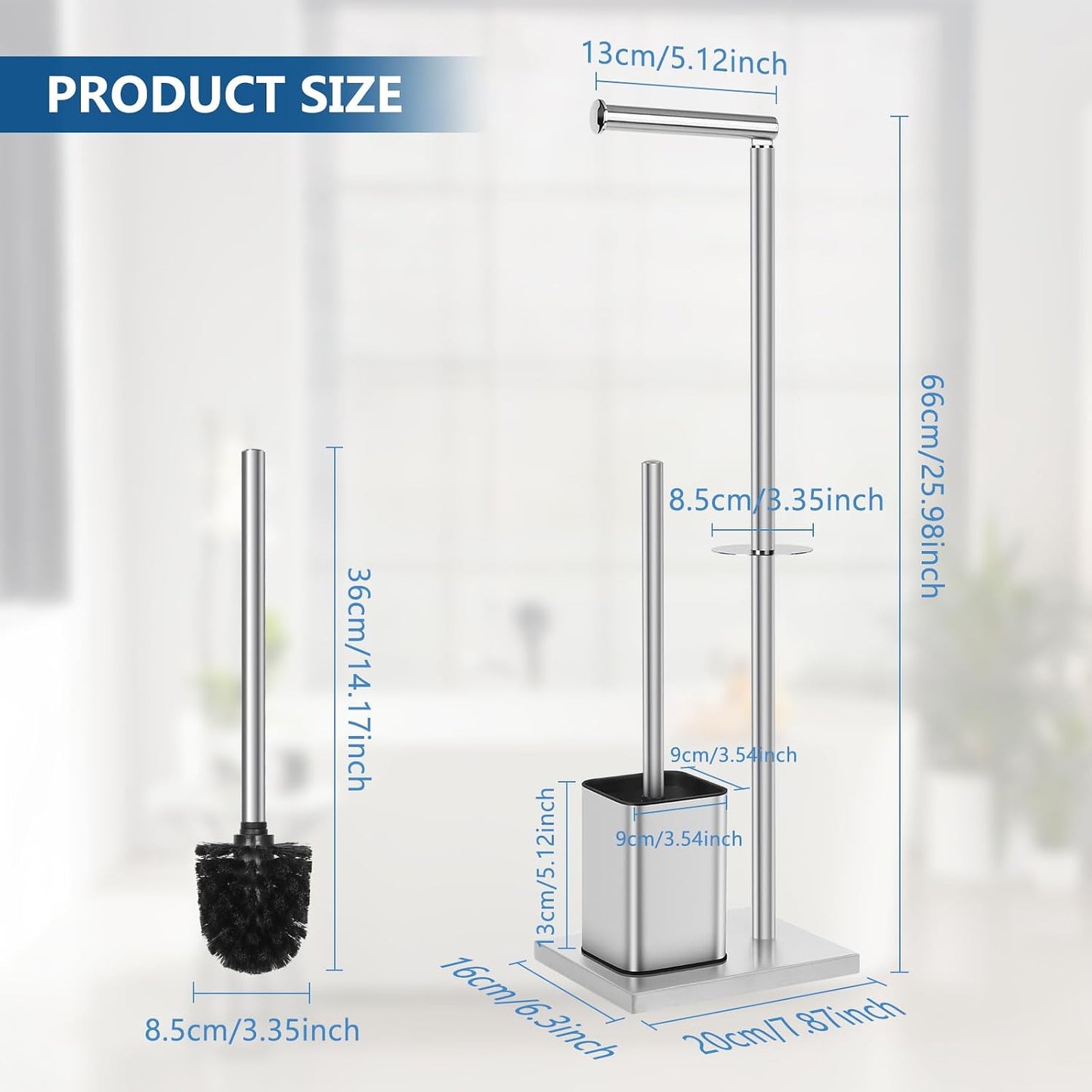 Toilet Roll Holder Free Standing with Toilet Brush - Stainless Steel Toilet Paper Holder Freestanding with Storage for Bathroom (Silver)