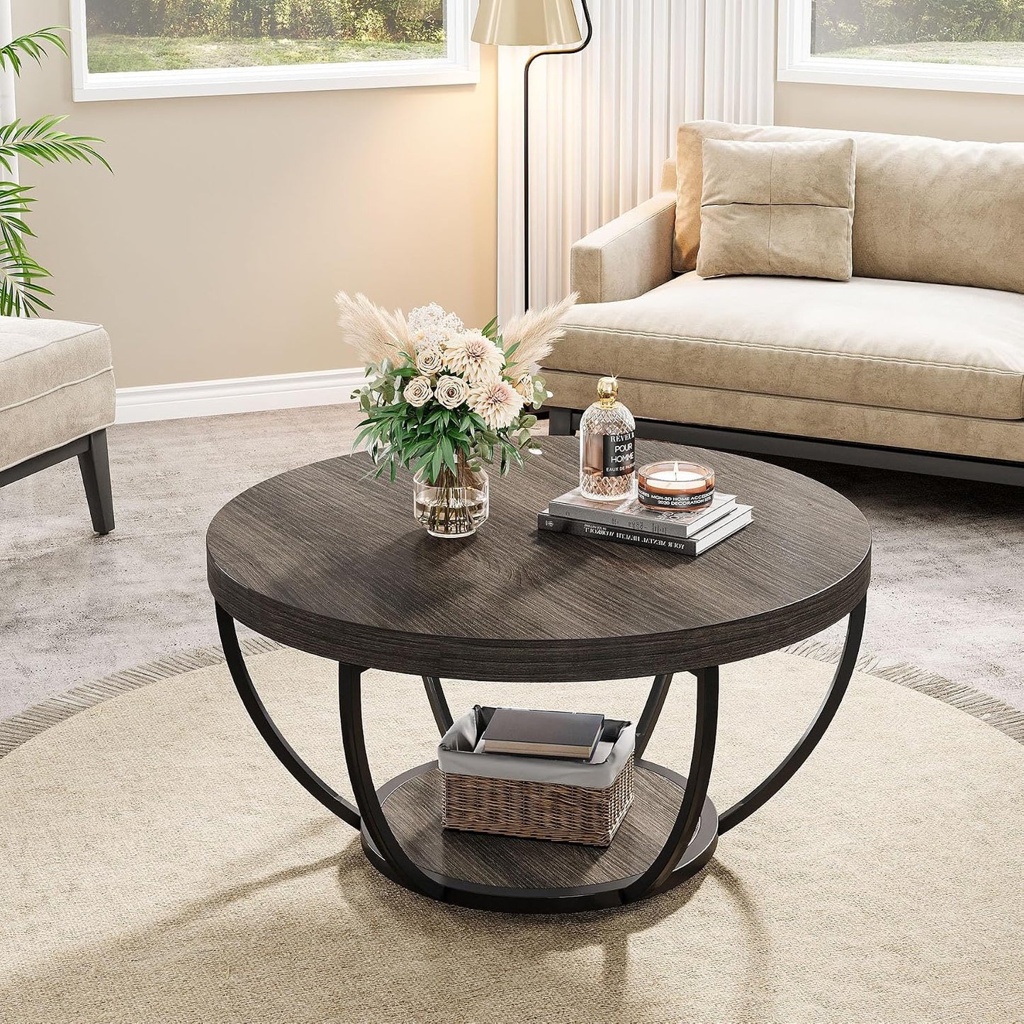 round Coffee Table, 31.7 Inches, 2-Tier Circular Wooden Side Table with Storage Shelves, Modern Living Room End Table, Grey