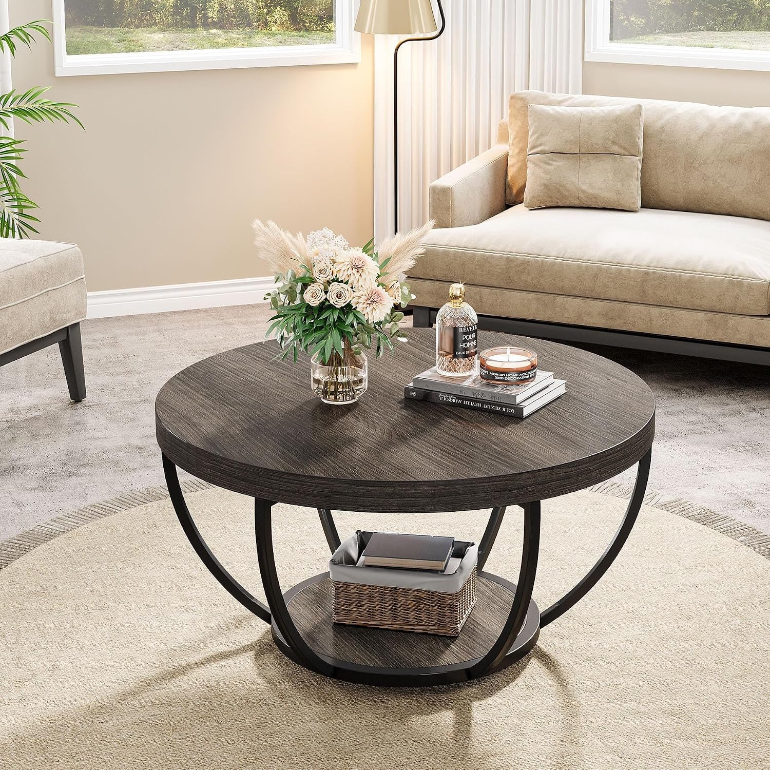 round Coffee Table, 31.7 Inches, 2-Tier Circular Wooden Side Table with Storage Shelves, Modern Living Room End Table, Grey
