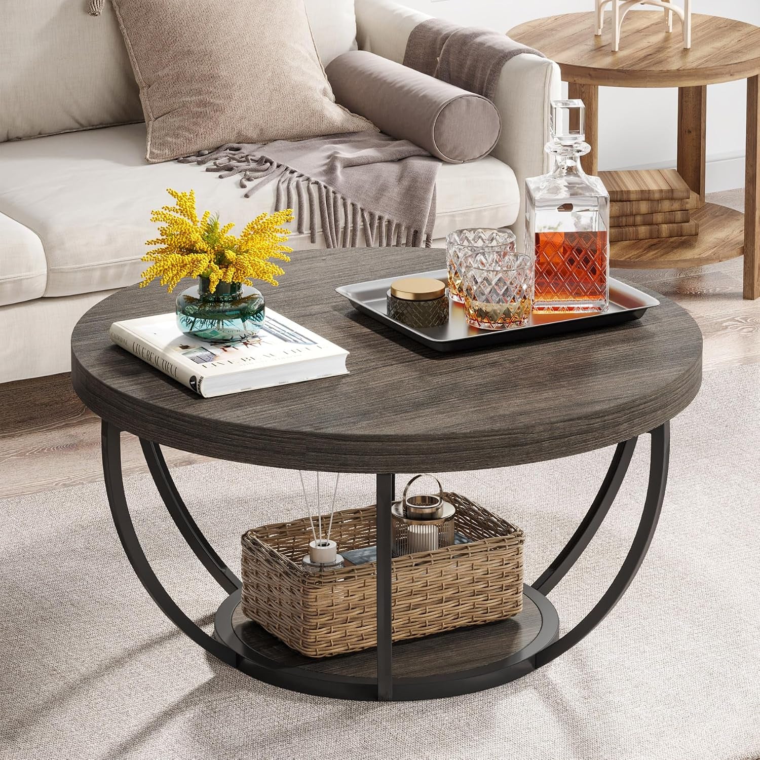 round Coffee Table, 31.7 Inches, 2-Tier Circular Wooden Side Table with Storage Shelves, Modern Living Room End Table, Grey